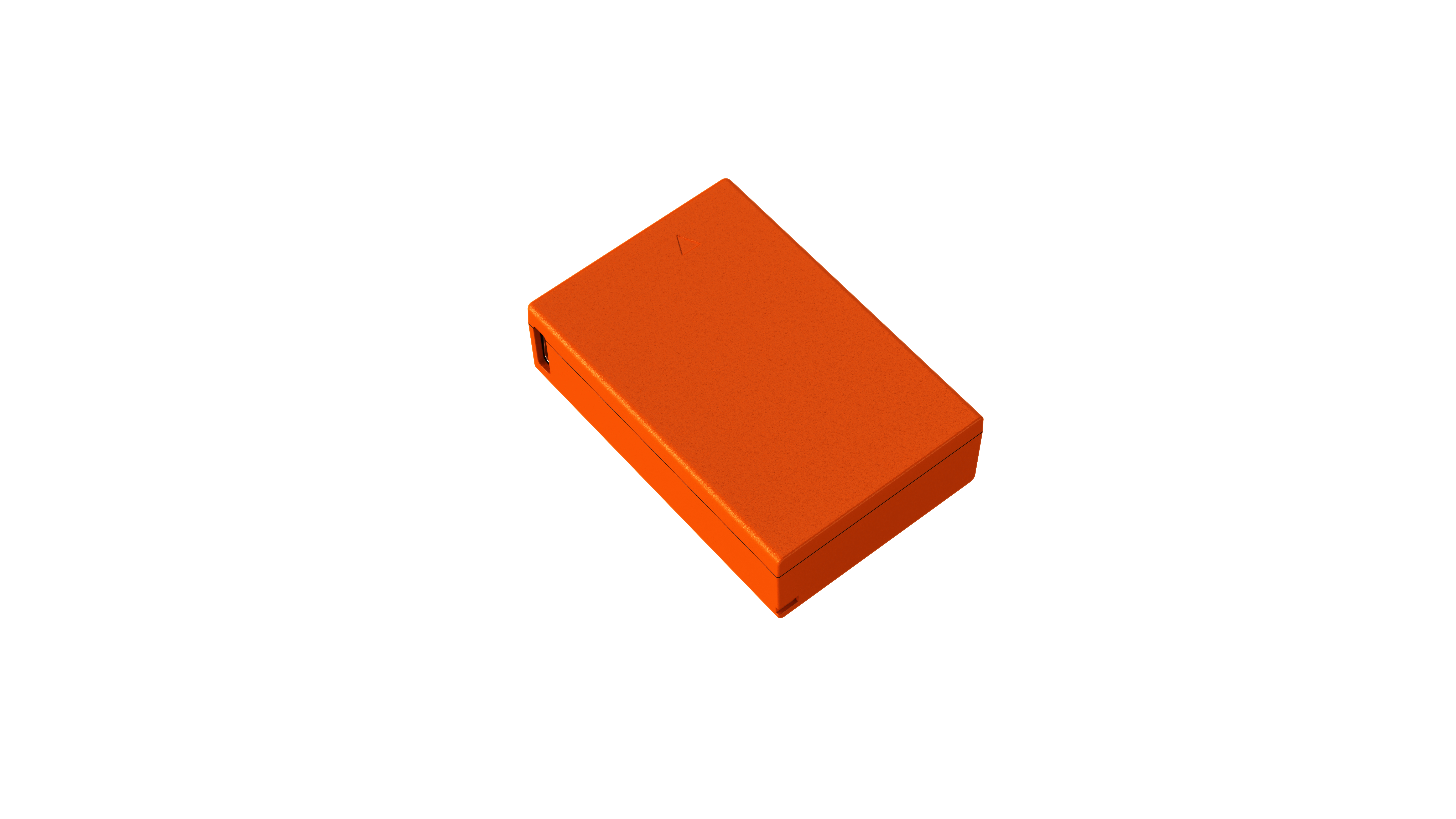 Ein orangefarbener, rechteckiger Behälter mit einer Ecke nach oben.
