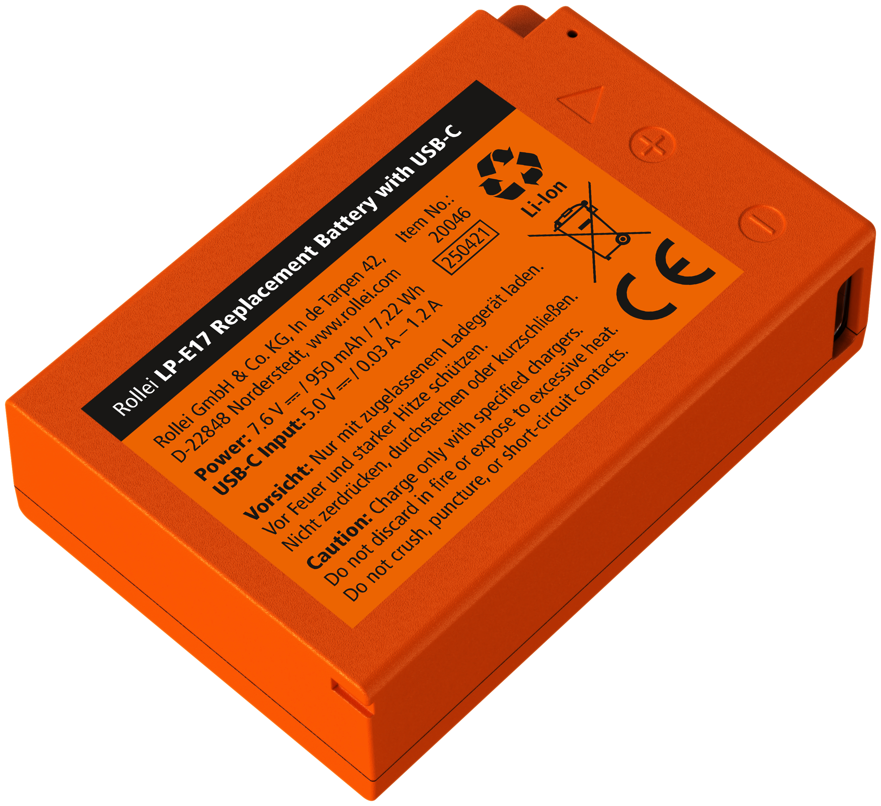Orange Rollei LP-E17 Akku mit USB-C Ladeanschluss und Warnhinweisen.