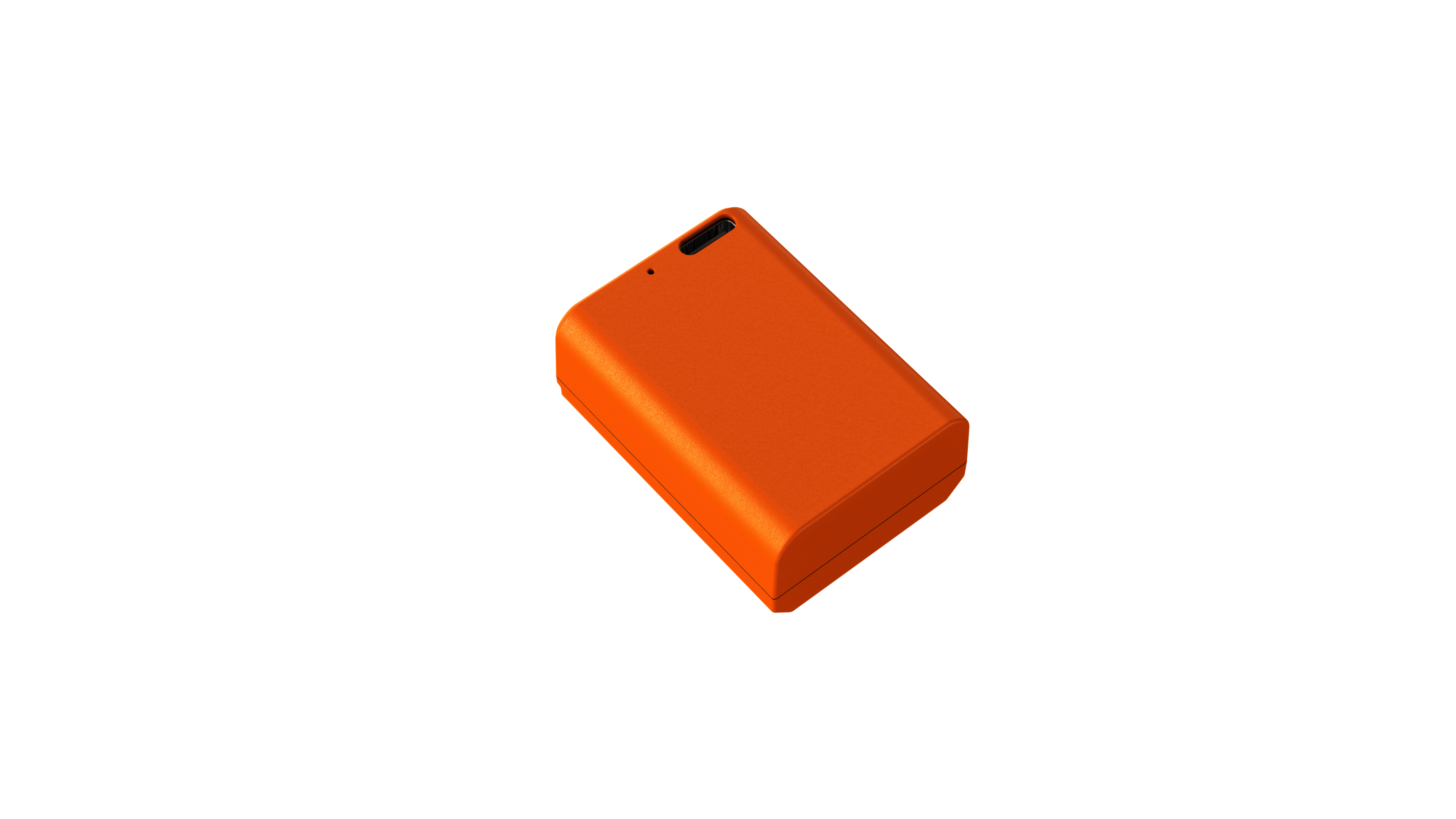 Ein orangefarbener, rechteckiger Akku mit abgerundeten Kanten auf weißem Hintergrund.