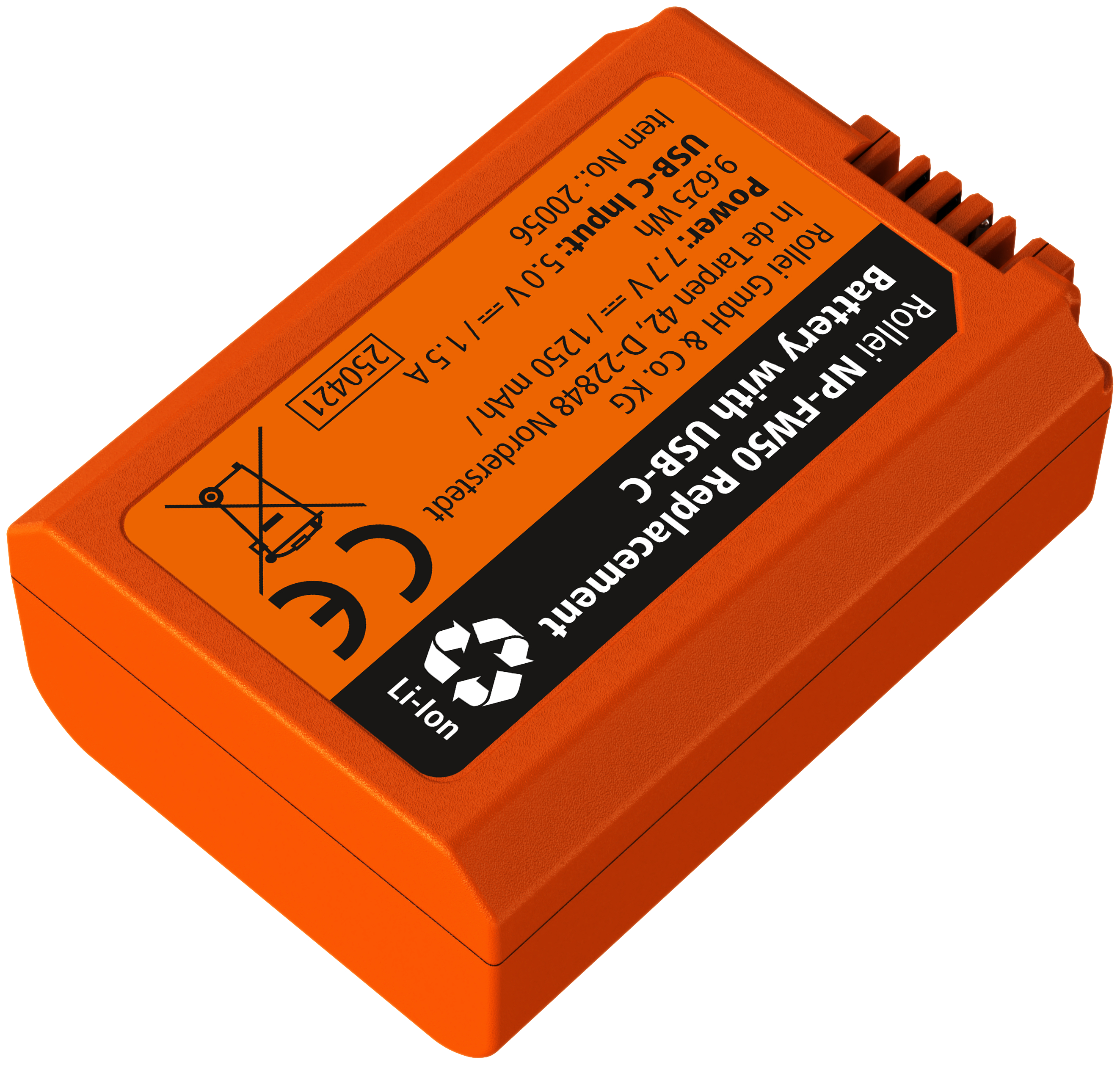 Orange Rollei NP-FW50 Akku mit USB-C, 7.7V, 1250mAh. CE-Zeichen.