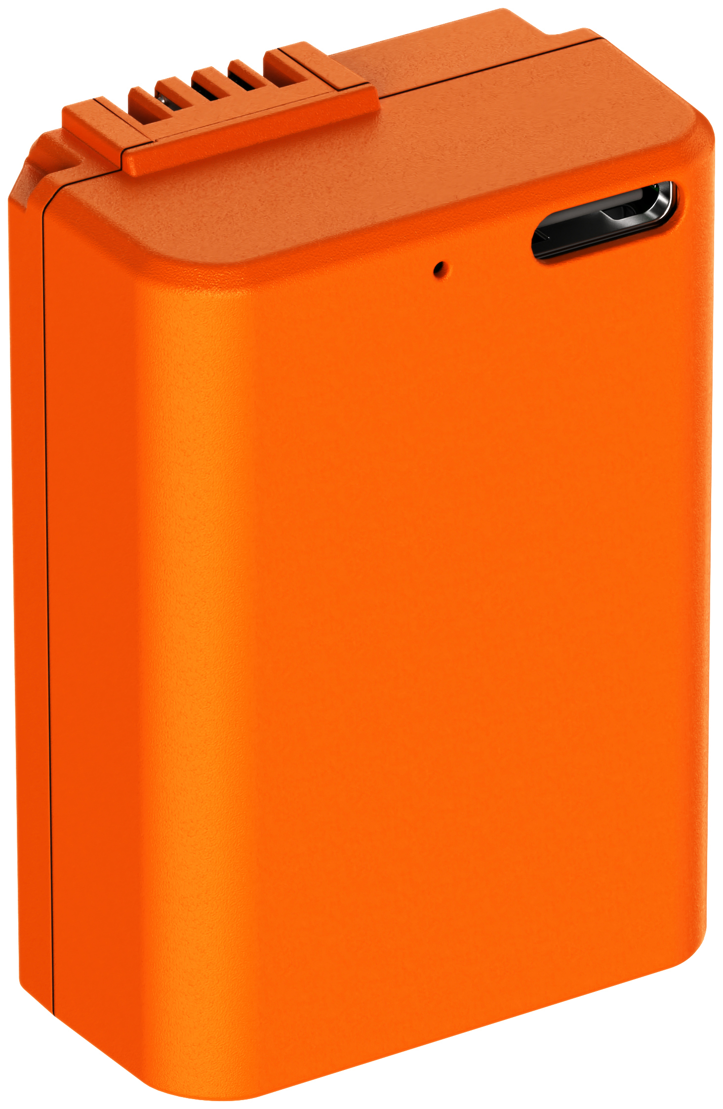 Orangefarbenes, rechteckiges Gerät mit einem USB-C-Anschluss und einer Rille oben.