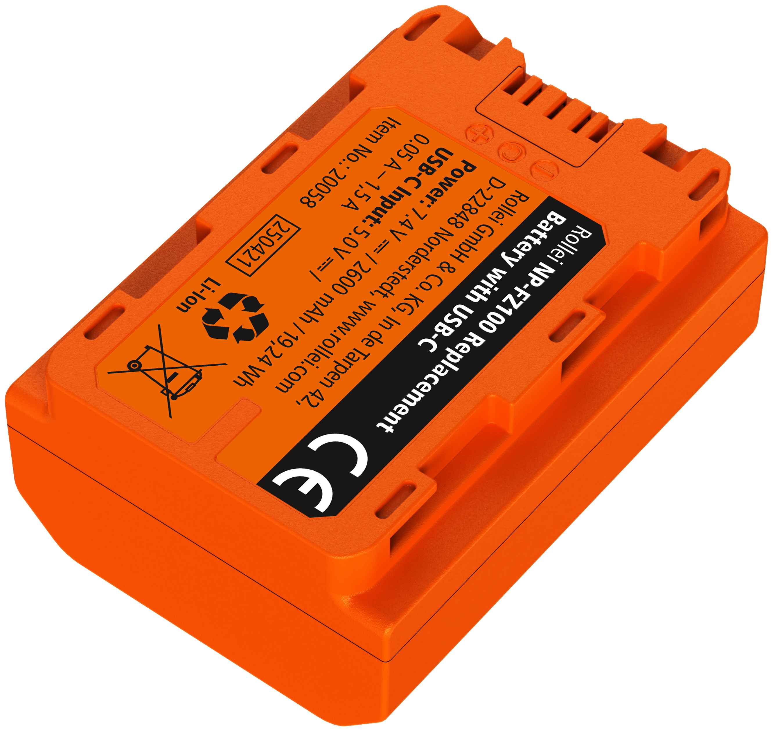 Orangefarbener Akku mit USB-C, 7,4V, 2600mAh, mit Beschriftung.