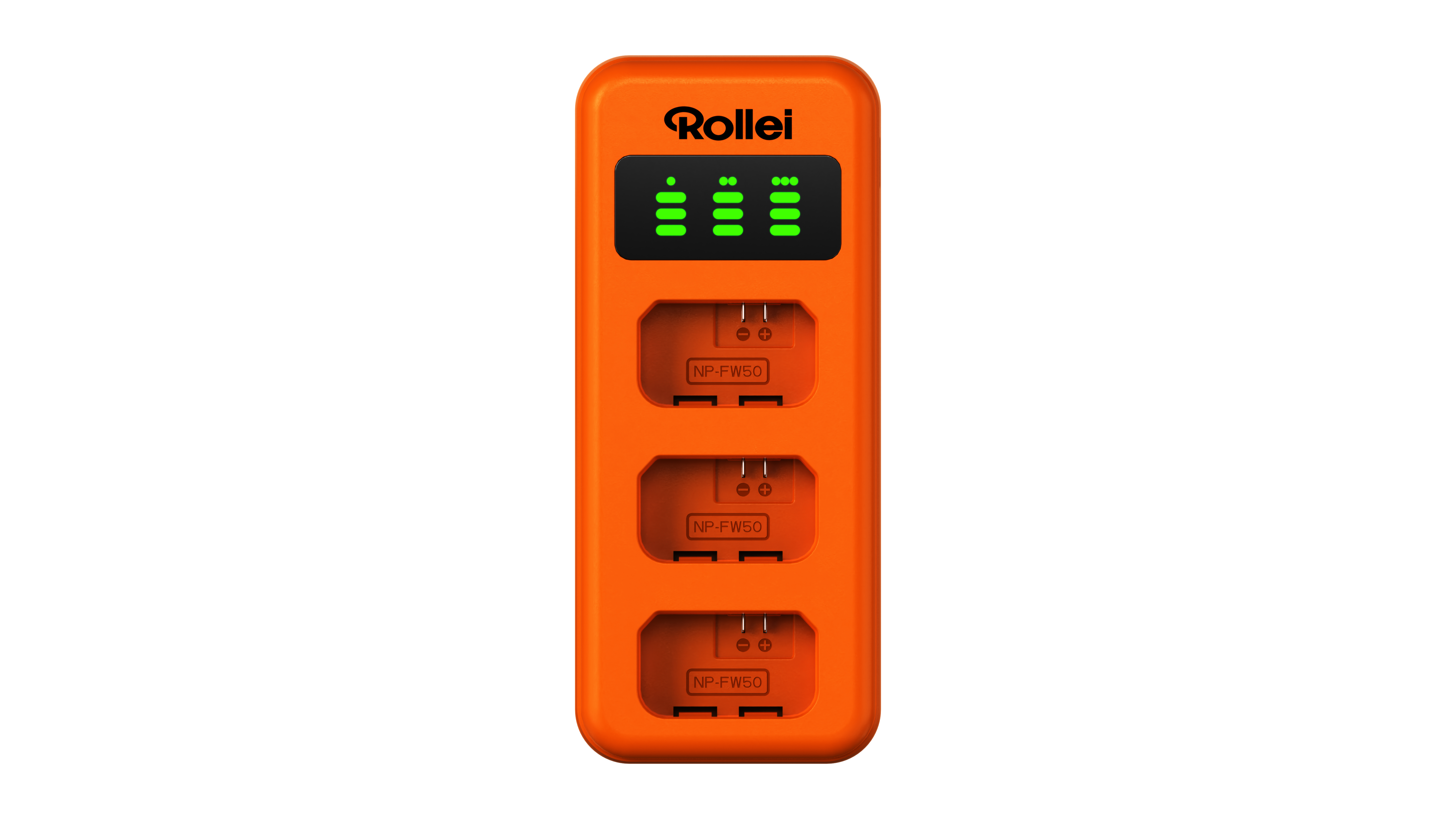 Orange Rollei Ladegerät mit drei Schlitzen für NP-FW50 Akkus und Ladeanzeigen.