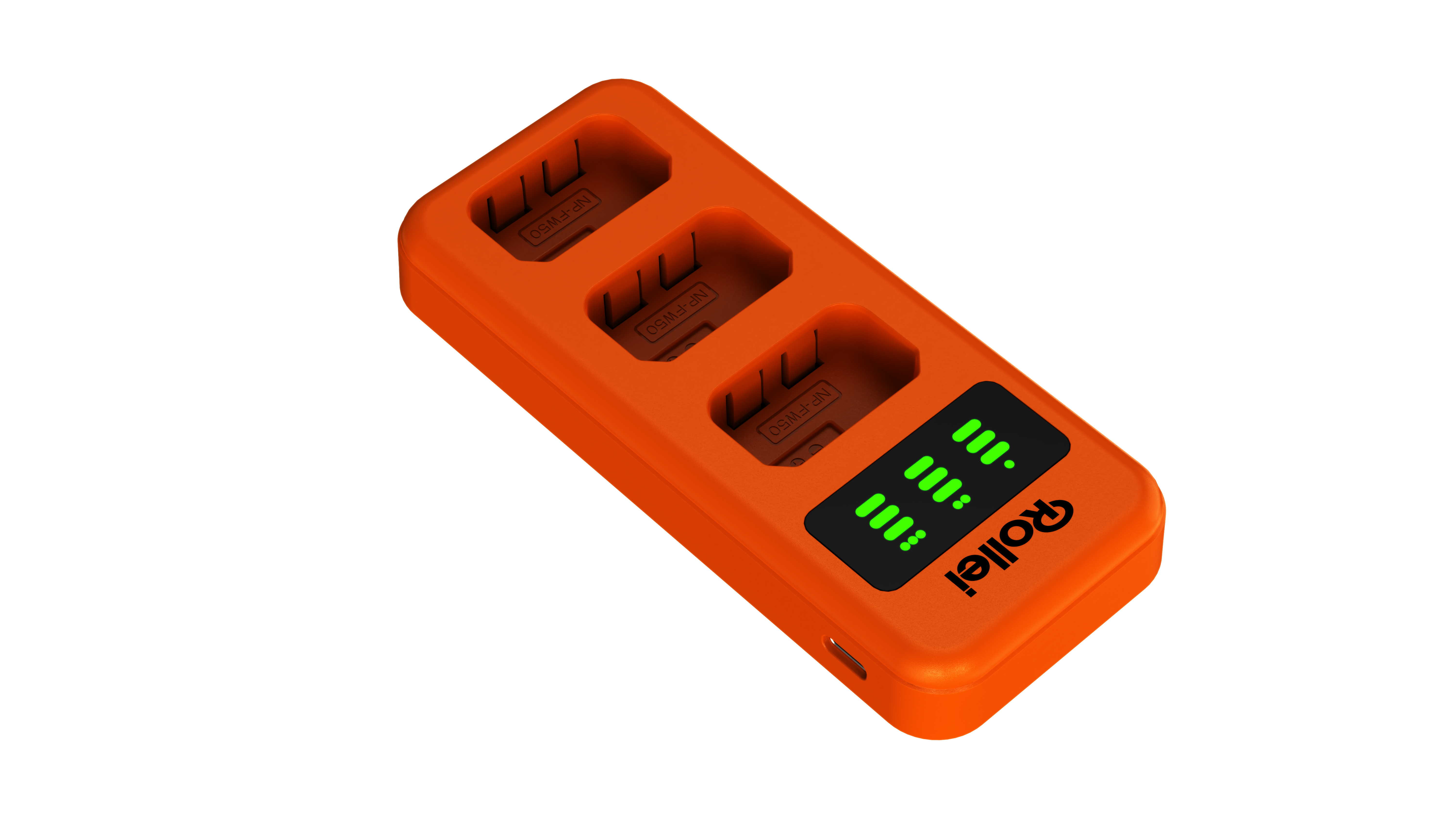 Orange Ladegerät mit drei Schlitzen und grünen Ladeanzeigen.