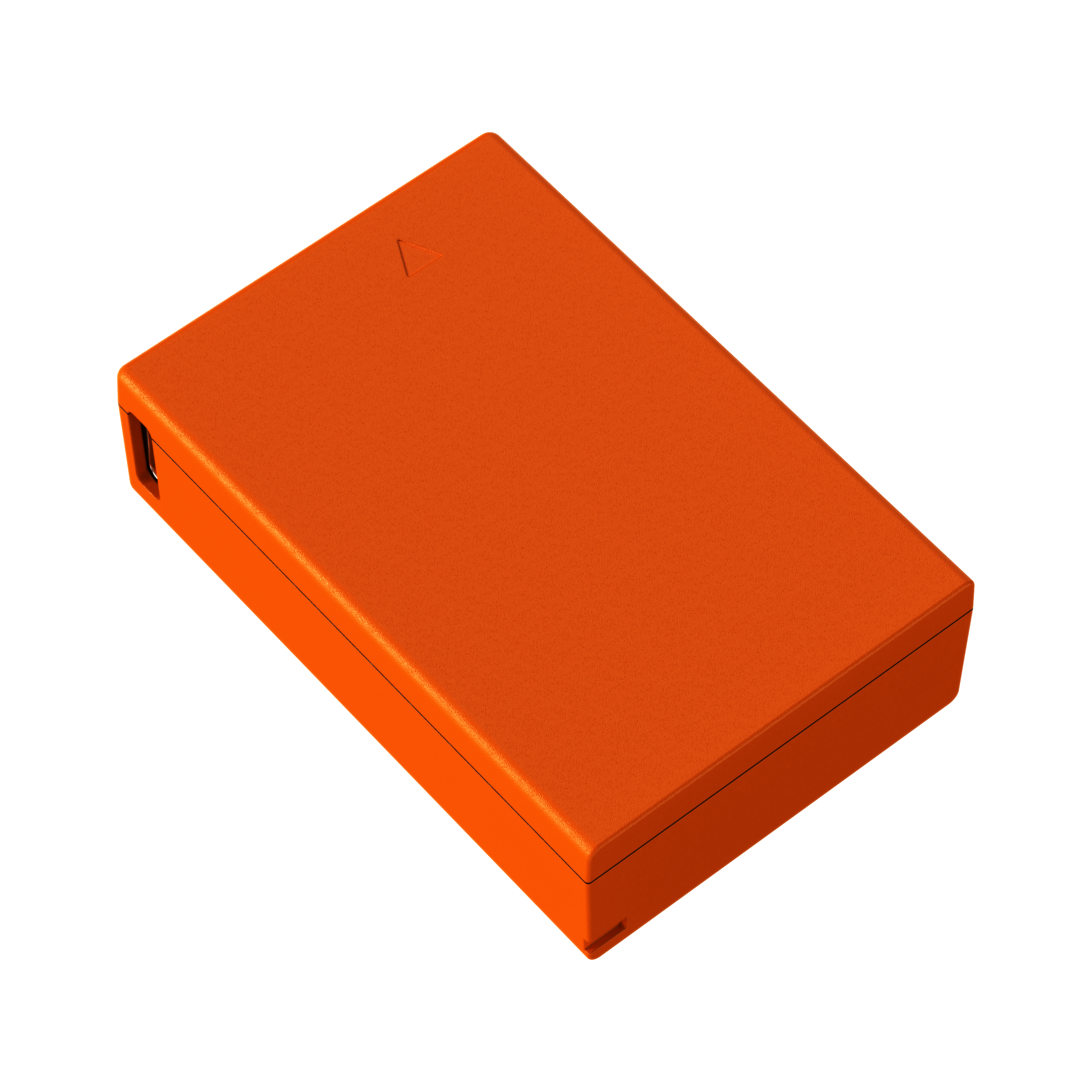 Ein orangefarbener Kasten mit einem Dreieck-Symbol und einem USB-Anschluss.
