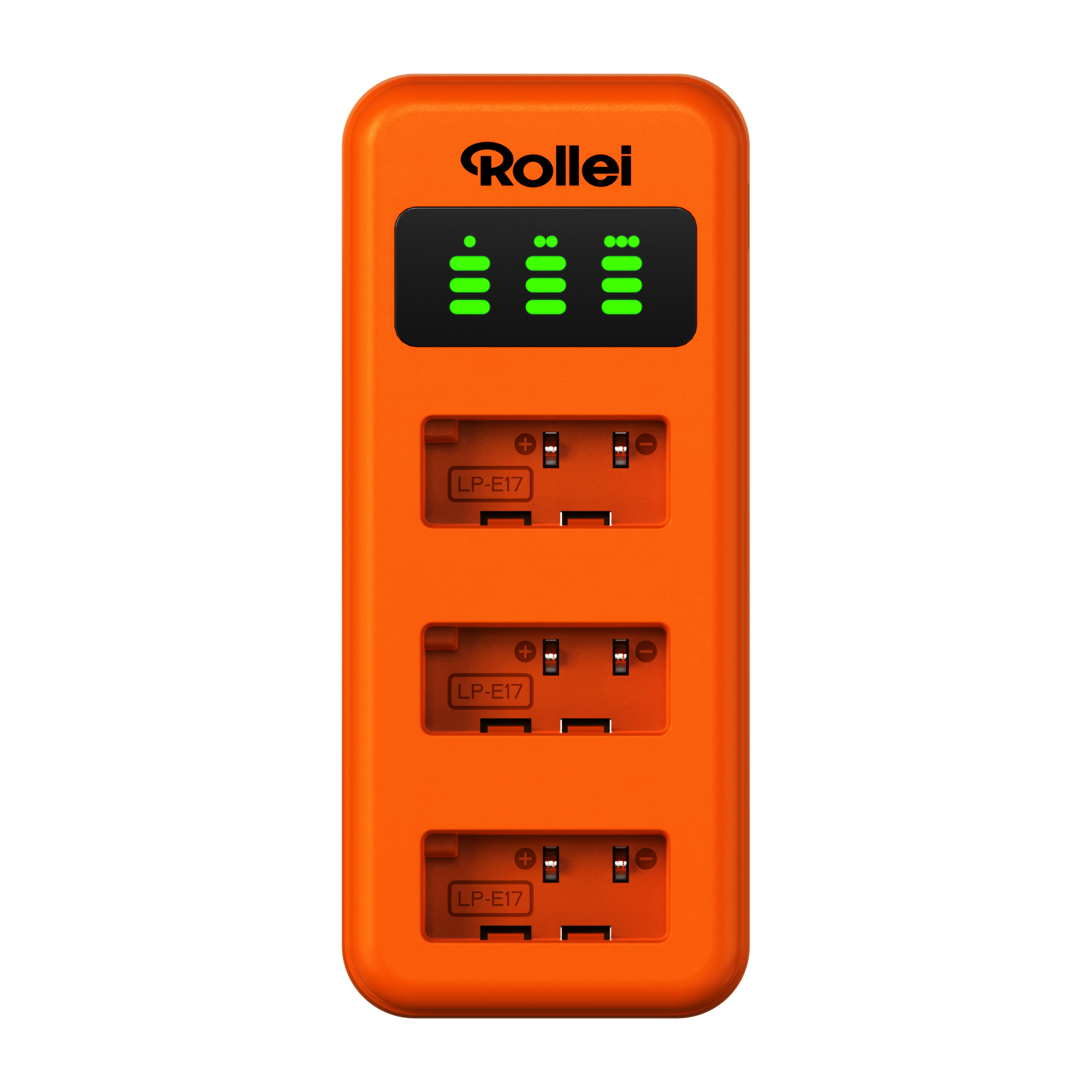 Orange Rollei Ladegerät mit drei Fächern und Ladeanzeigen.