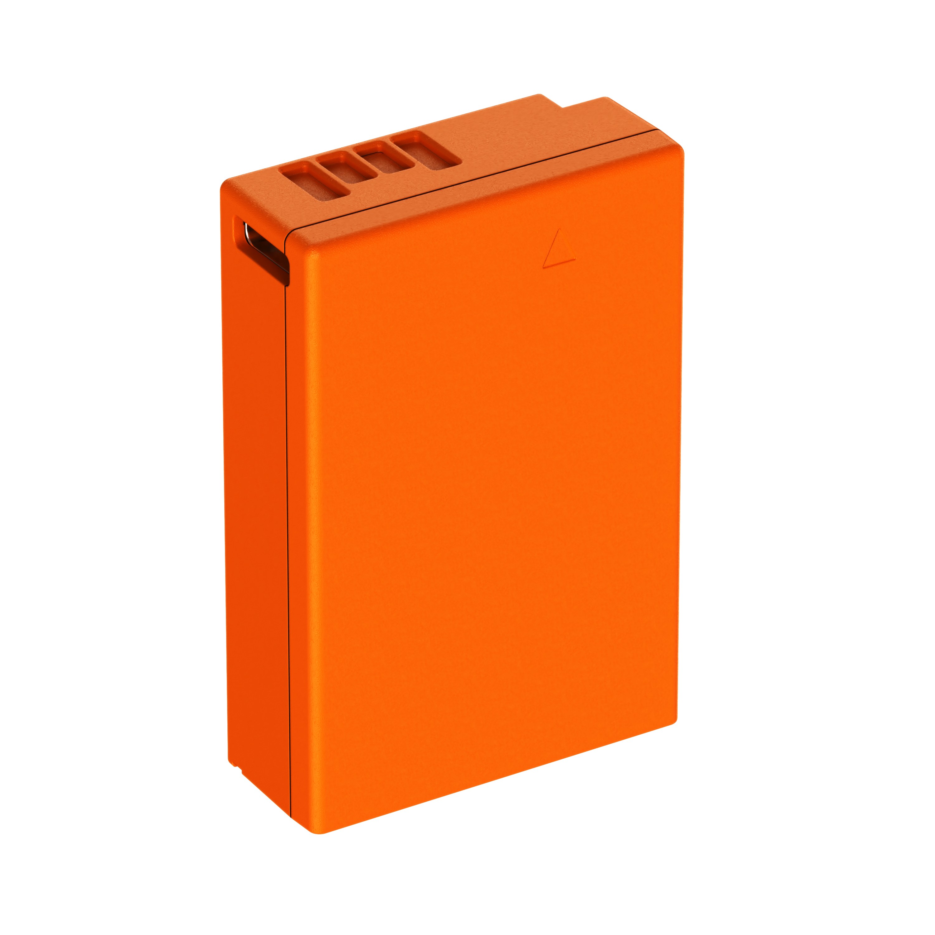 Ein orangefarbener Akku mit Schlitzen oben und einem Dreieckssymbol.