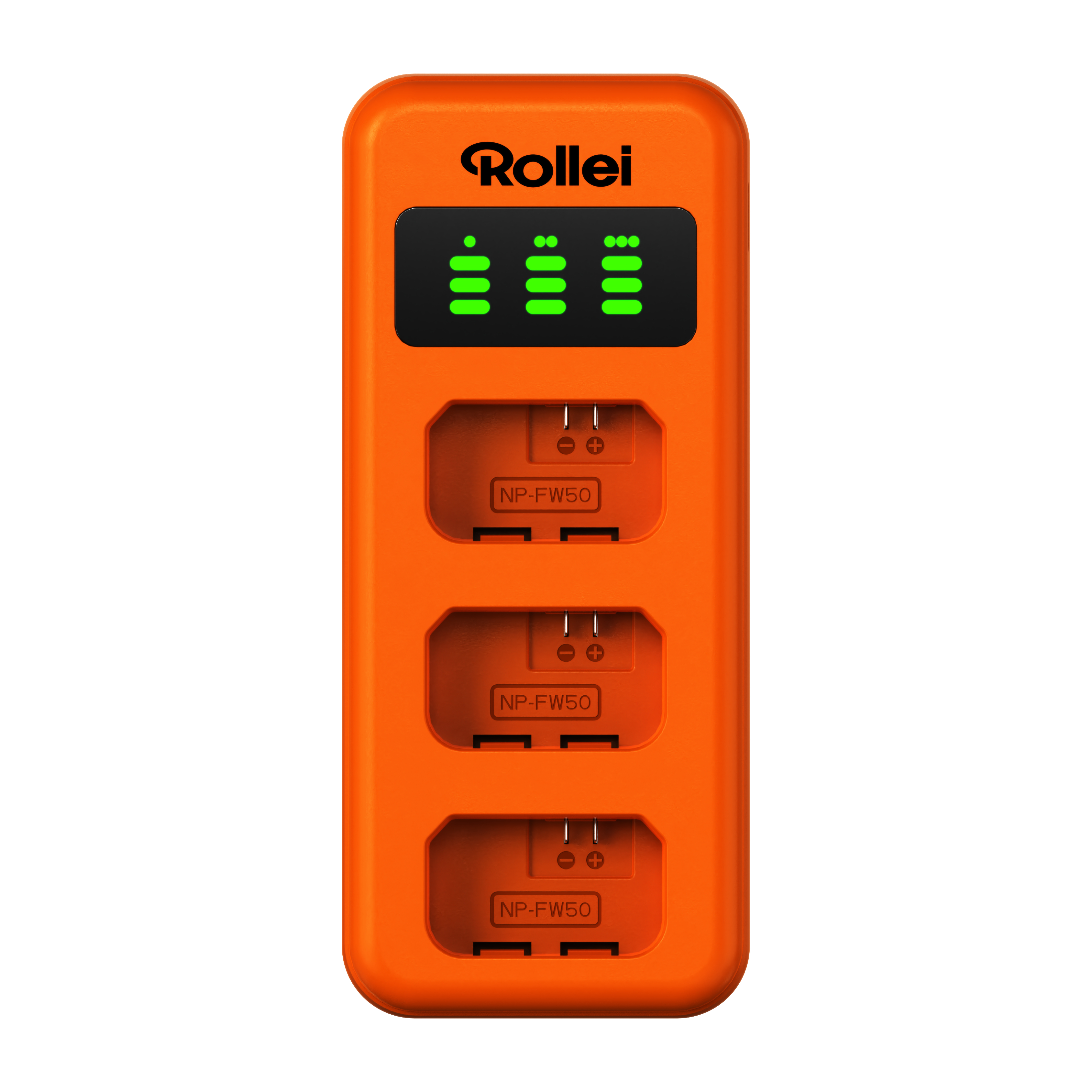 Orange Rollei Ladegerät für drei NP-FW50 Akkus mit Ladeanzeige.