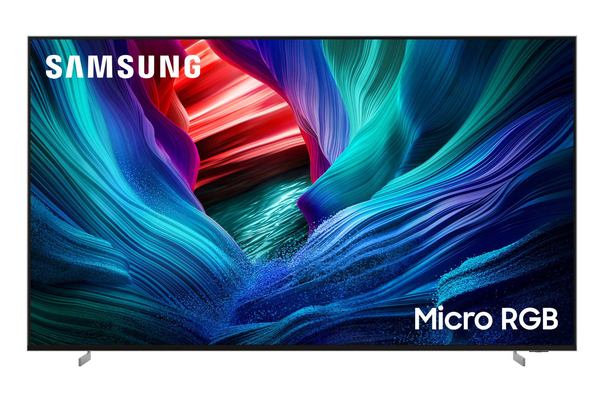 Samsung Micro RGB TV mit lebendigem, abstraktem Bild, fließenden Wellen in Blau, Lila und Rot.