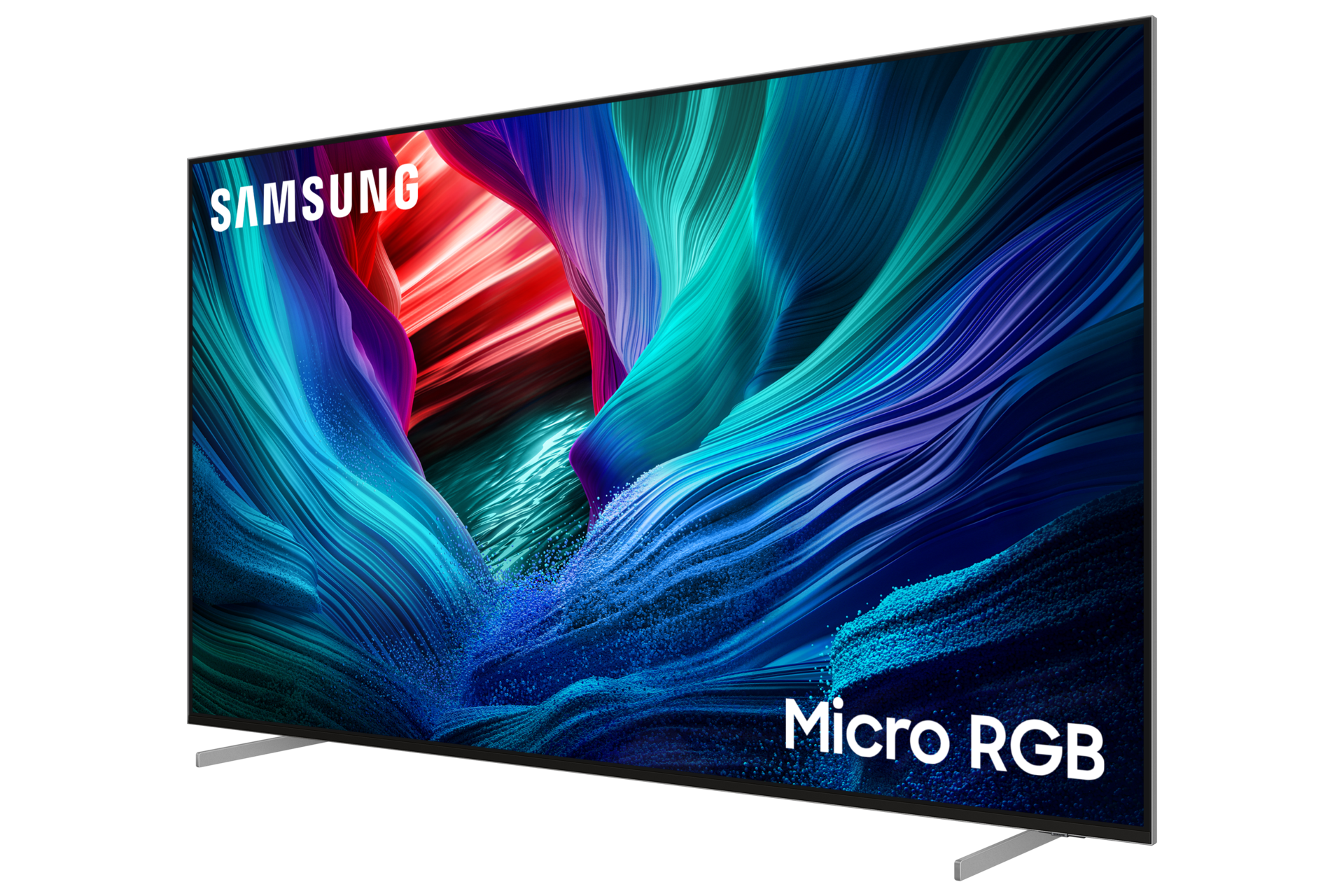 Ein Samsung Micro RGB Fernseher mit einem abstrakten, farbenfrohen Bildschirminhalt.