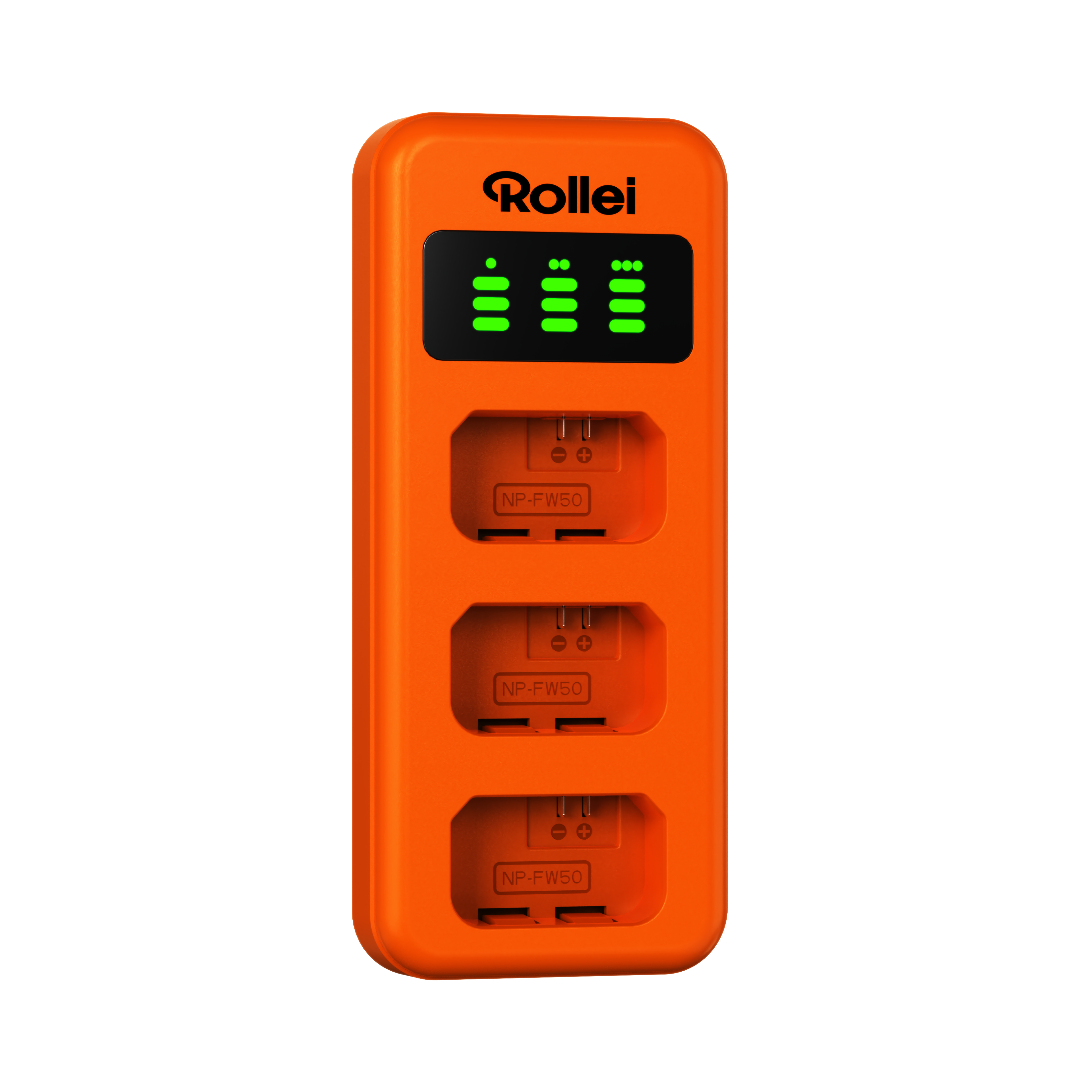 Orange Rollei Ladegerät für 3 NP-FW50 Akkus mit Ladeanzeigen.