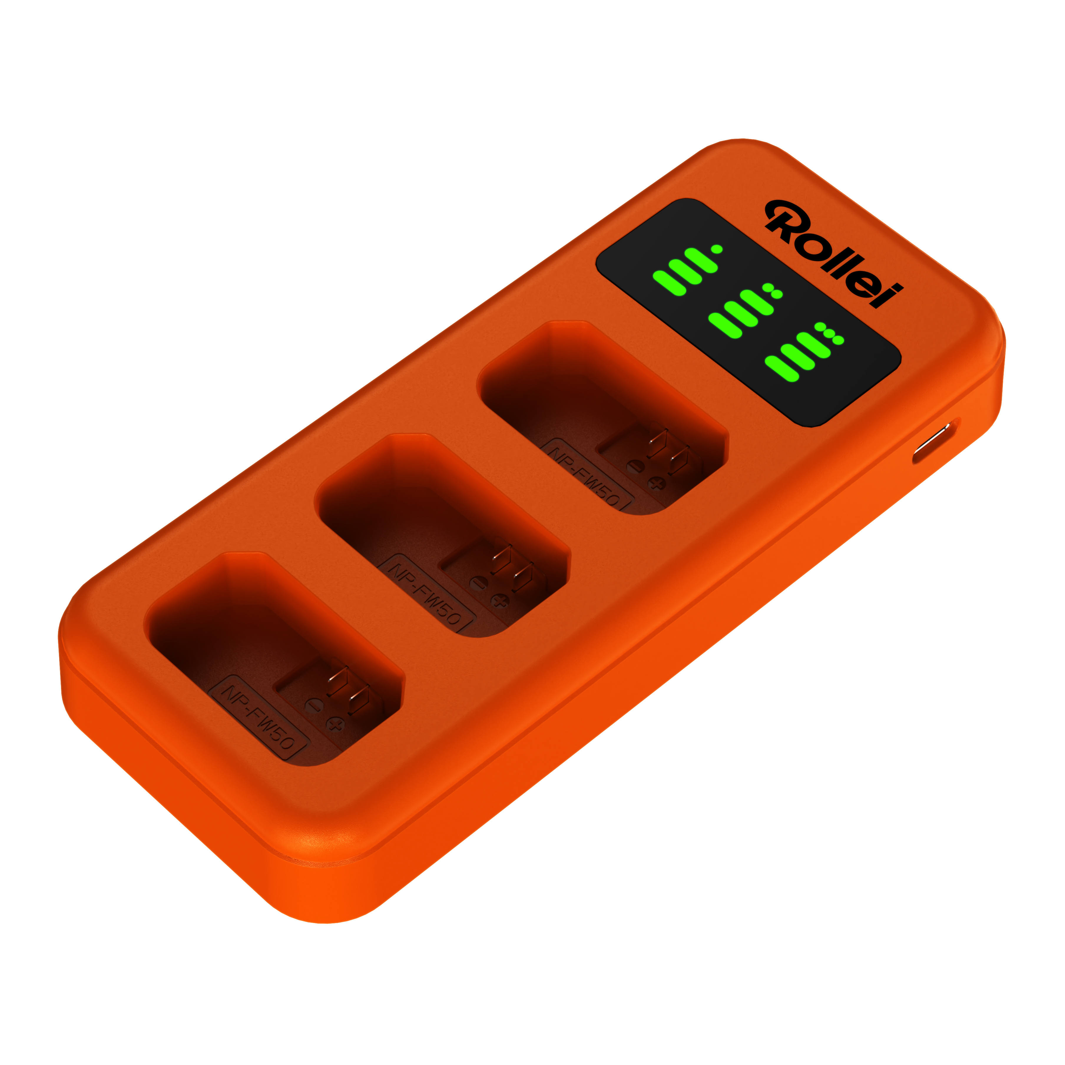 Orange Ladestation mit drei Schlitzen und Rollei-Logo.