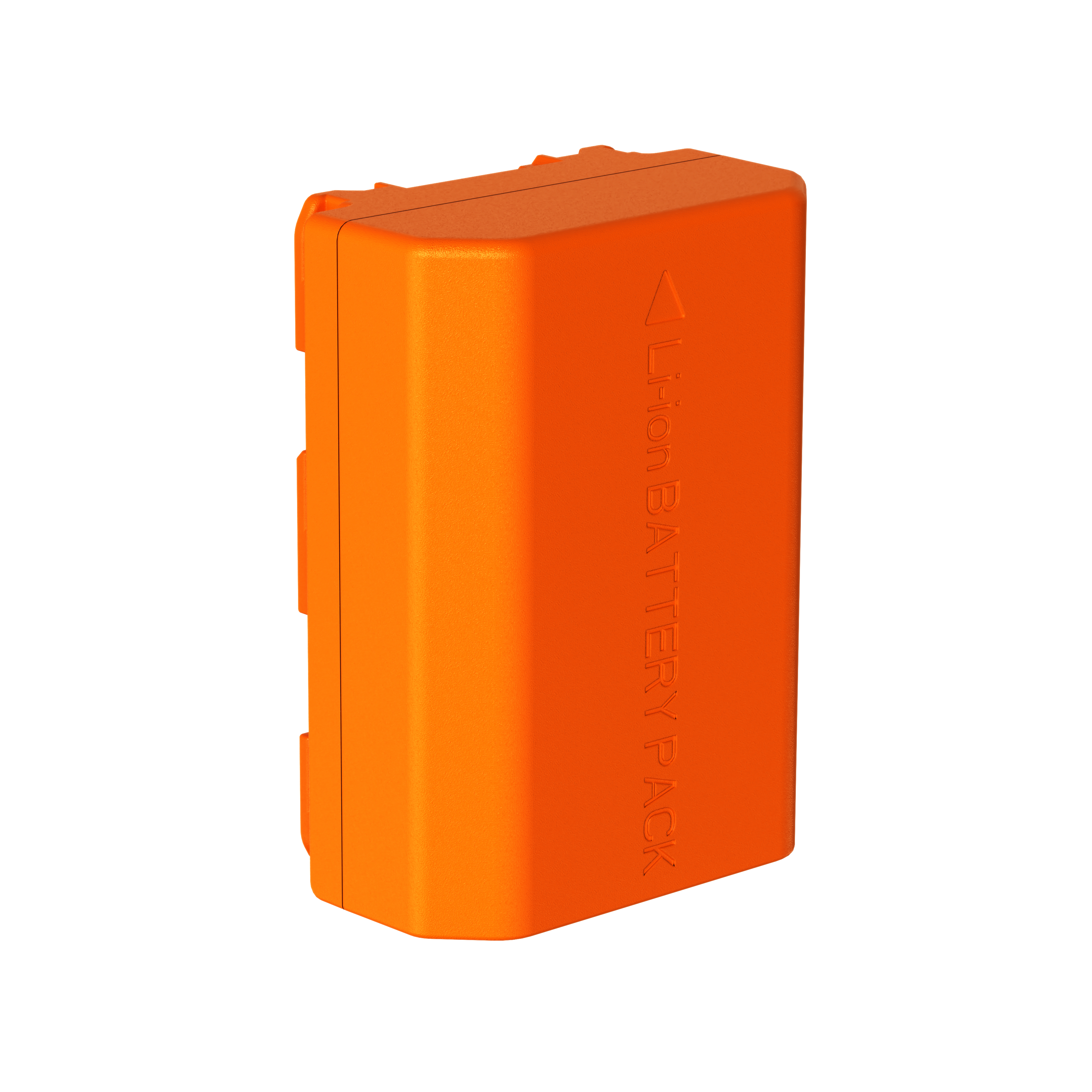 Ein orangefarbener Lithium-Batteriepack mit aufgedrucktem Text.