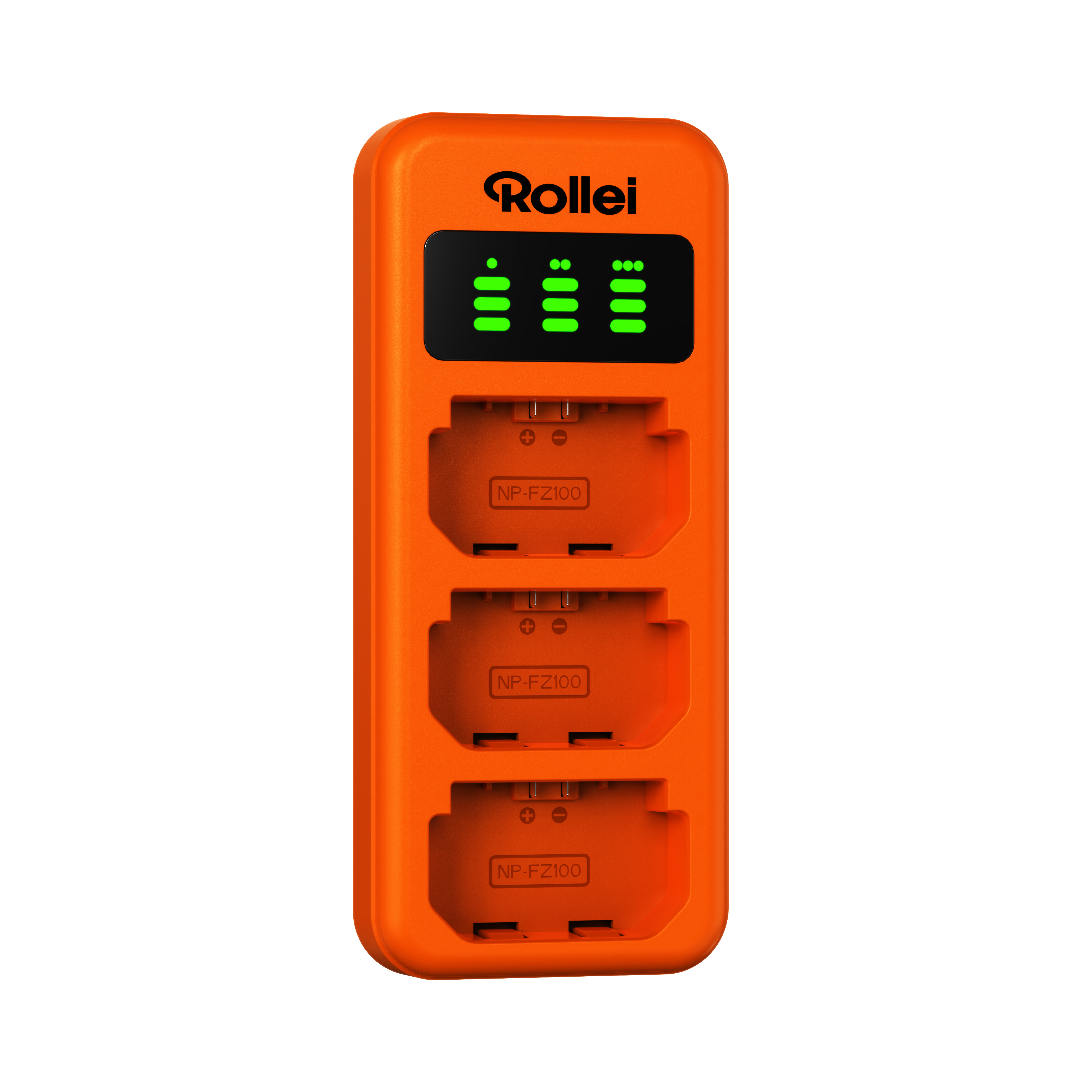 Orange Rollei Ladegerät mit drei Schlitzen für NP-FZ100 Akkus, mit Ladeanzeigen.