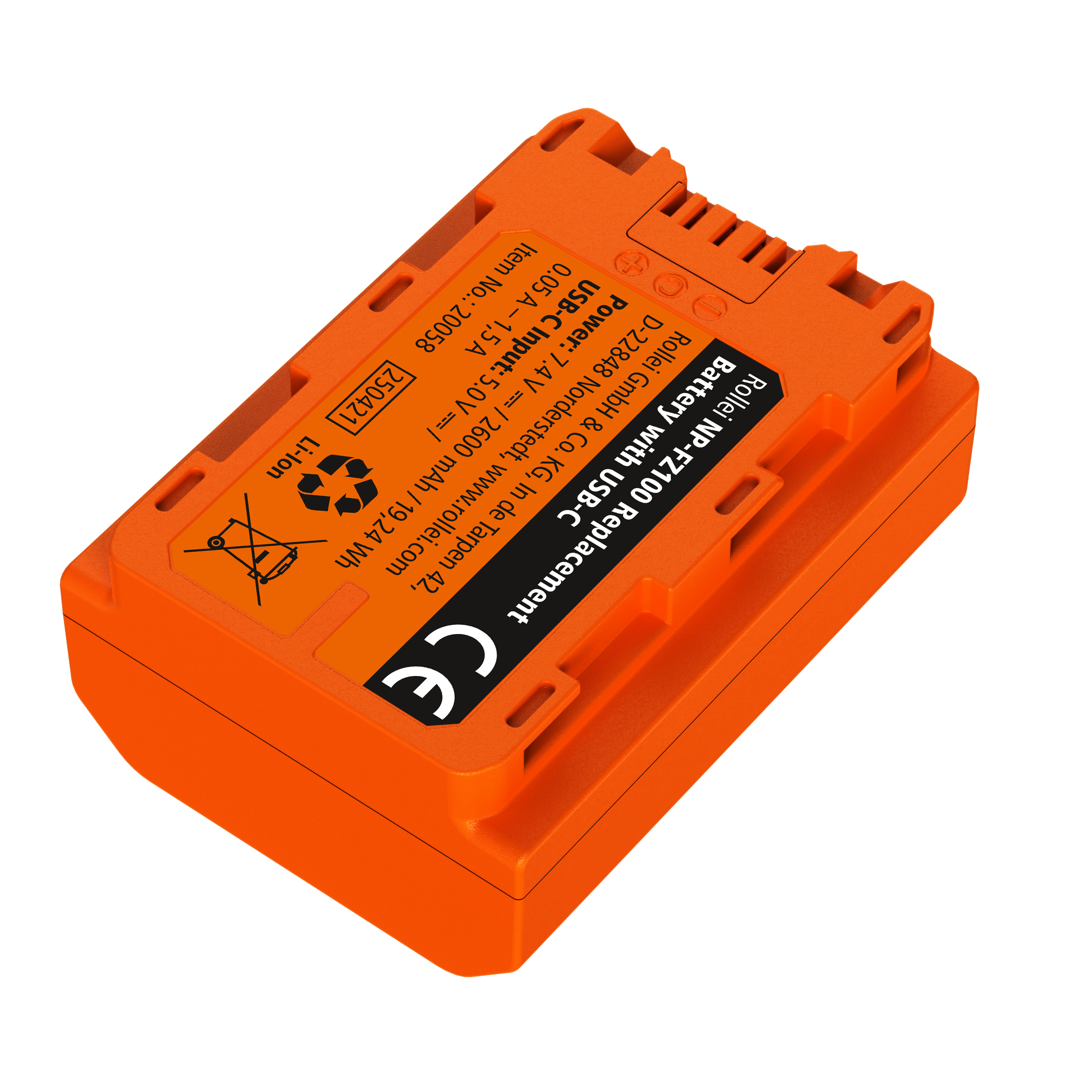 Orange Rollei NP-FZ100 Akku mit USB-C, 7.4V, 2600mAh.