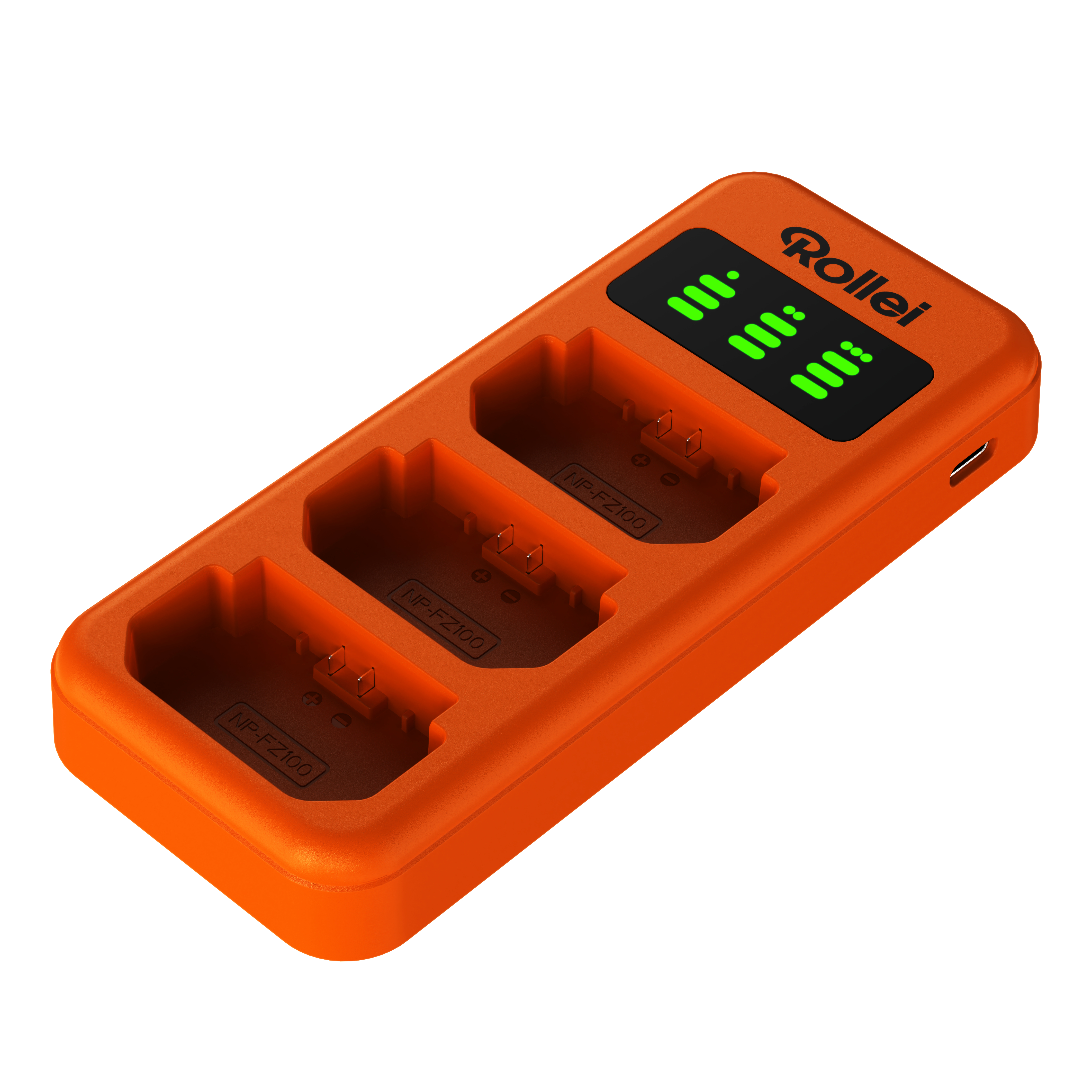 Orange Rollei Ladegerät mit drei Fächern und grünen Ladeanzeigen.