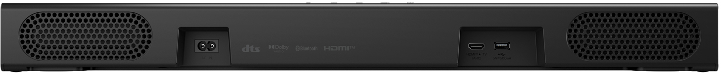 Fekete soundbar hátulja csatlakozókkal: AC in, HDMI ARC, USB.