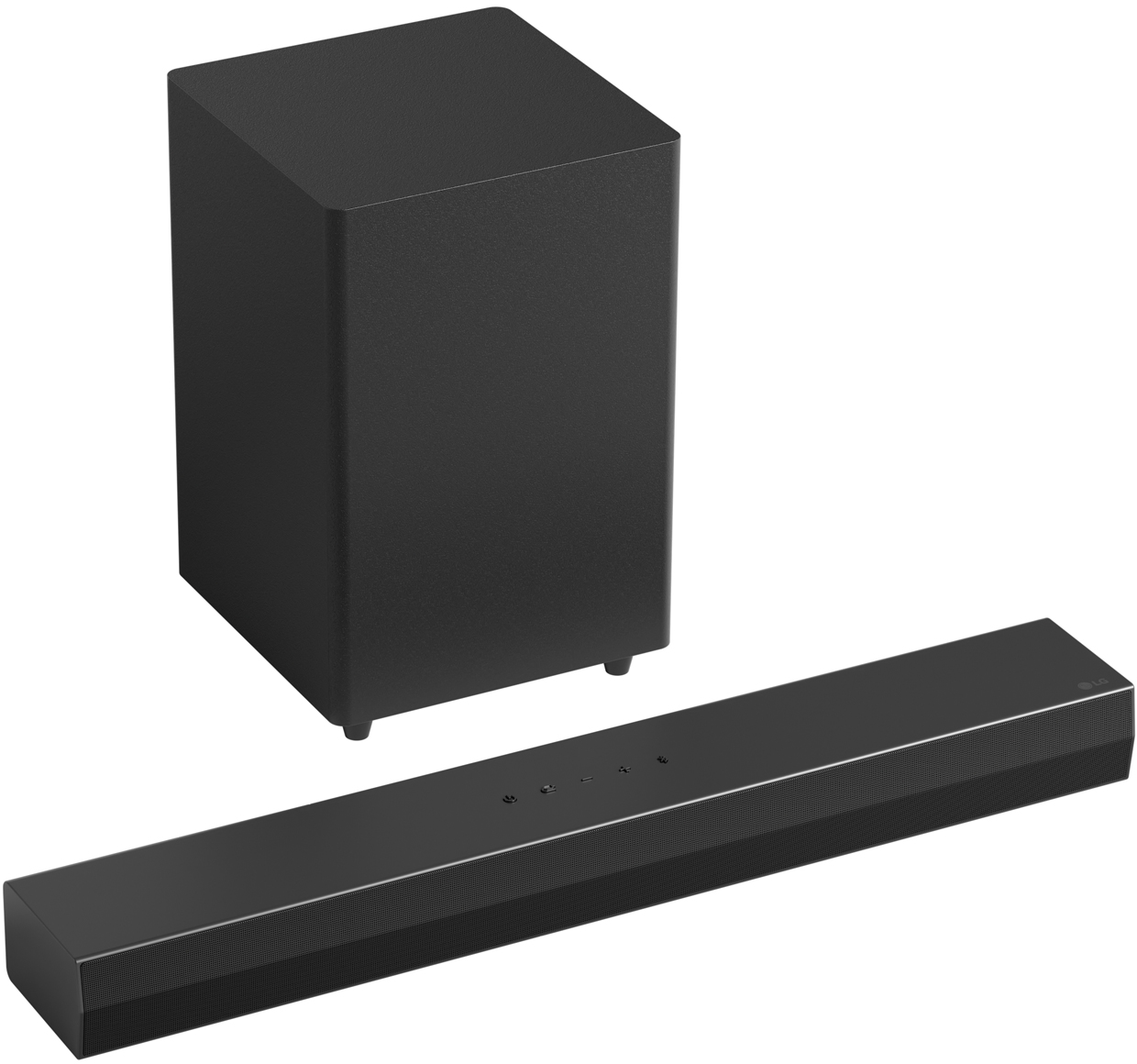Fekete mélynyomó és soundbar egymás mellett fehér háttéren.