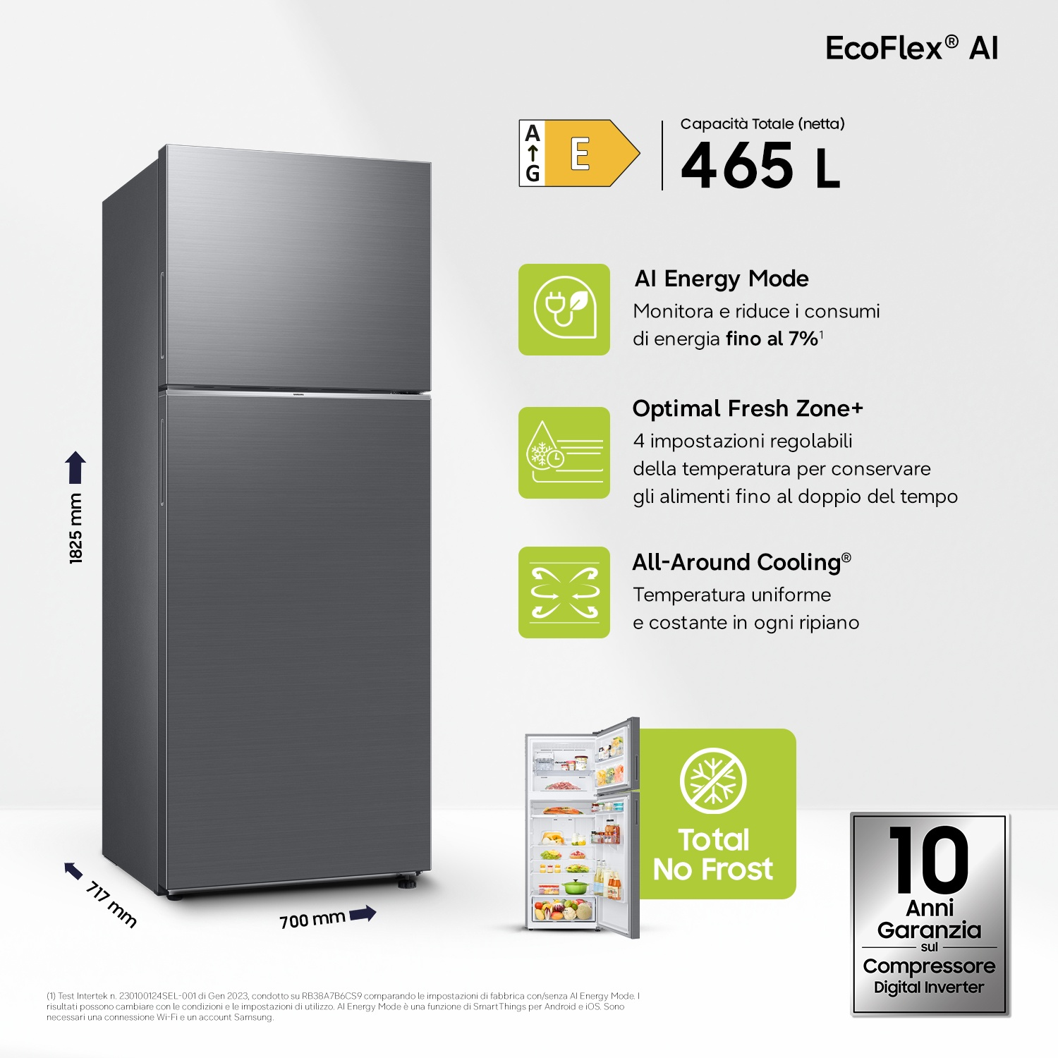 Frigorifero grigio con congelatore, 182,5 cm A, 70 cm L, 71,7 cm P. Info su efficienza energetica e funzioni.