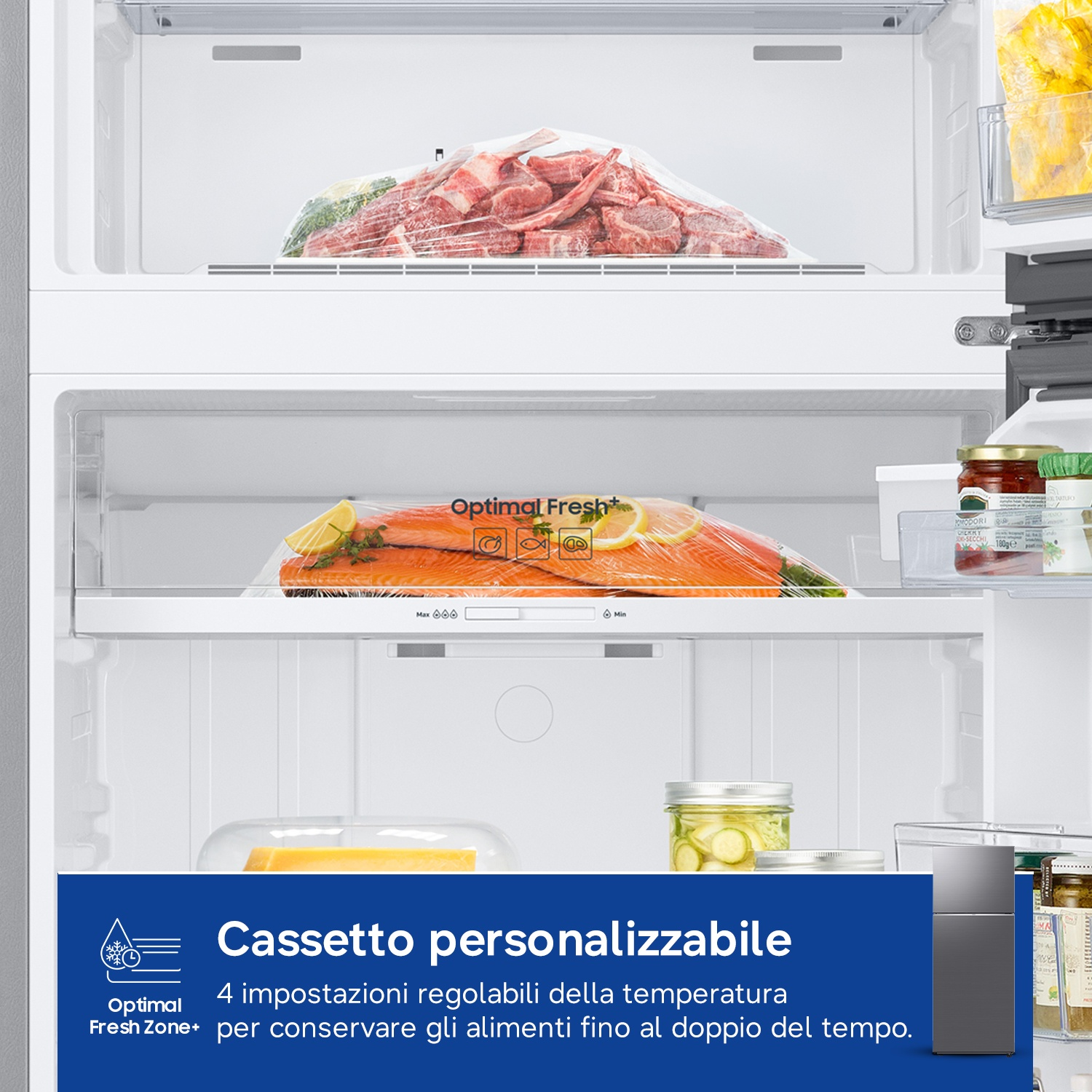 Scomparti del frigorifero con carne cruda, pesce e verdure sottaceto.