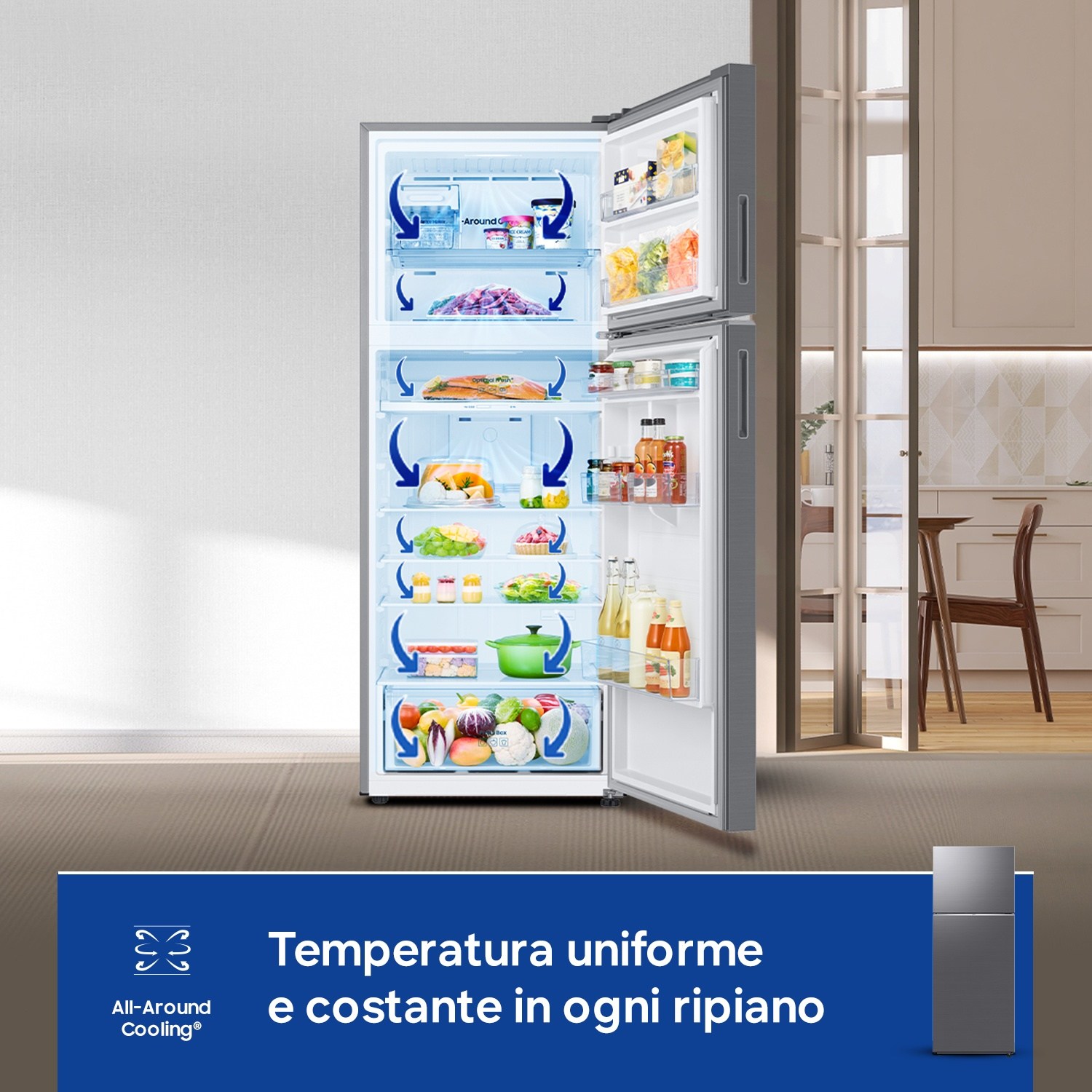 Un frigorifero aperto con cibo su più ripiani.