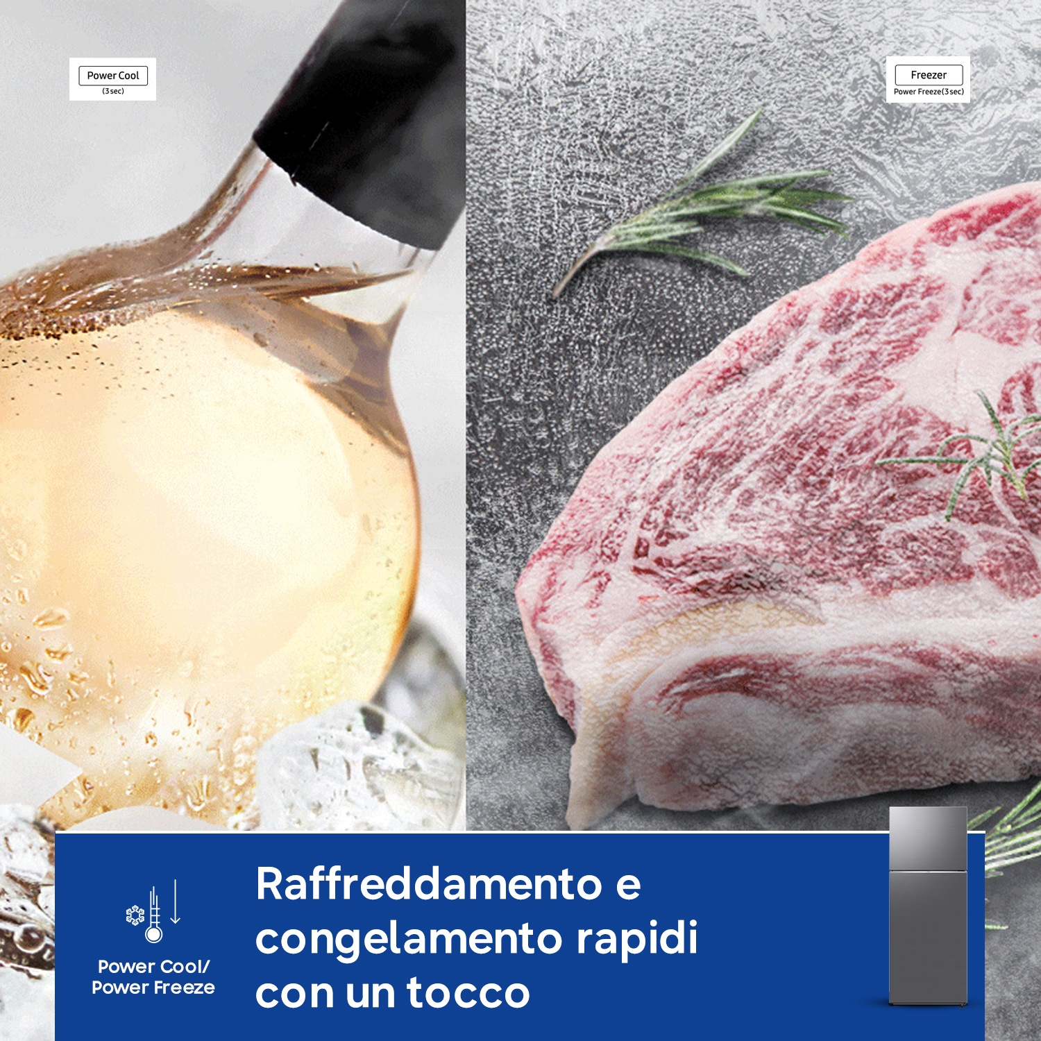 Liquido di raffreddamento e carne cruda con rosmarino, accanto a un frigorifero.