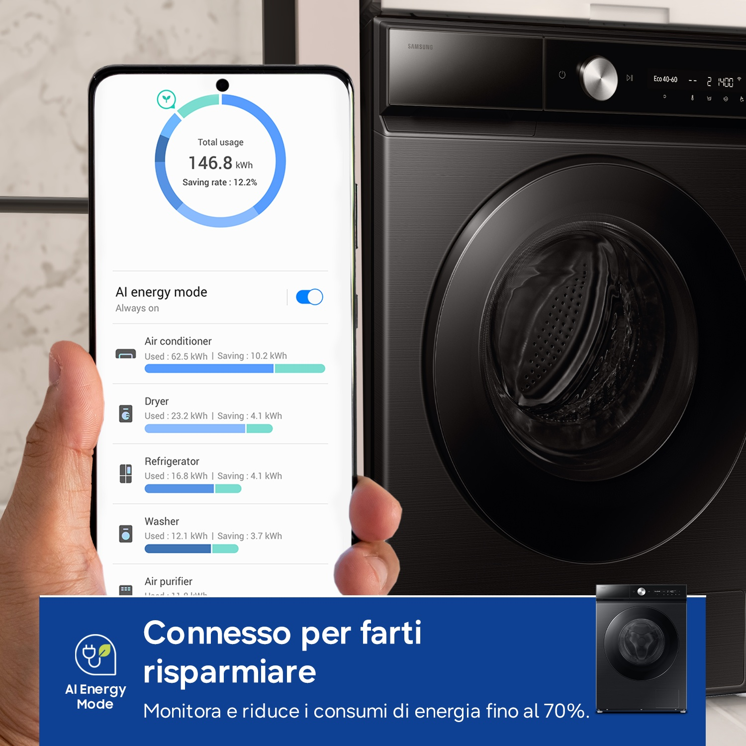 Uno smartphone mostra i dati di consumo energetico degli elettrodomestici accanto a una lavatrice nera.