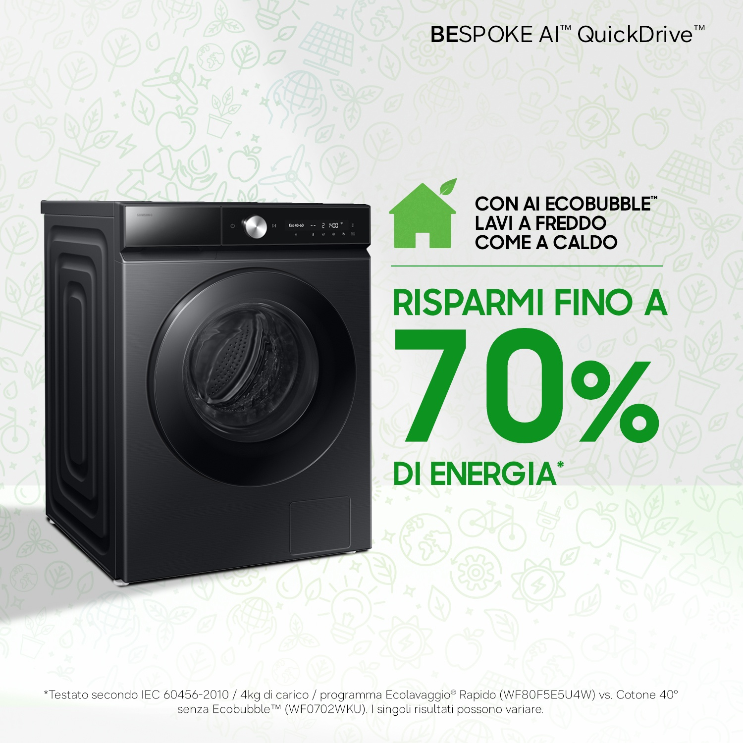 Lavatrice nera con tecnologia AI per un risparmio energetico fino al 70%.