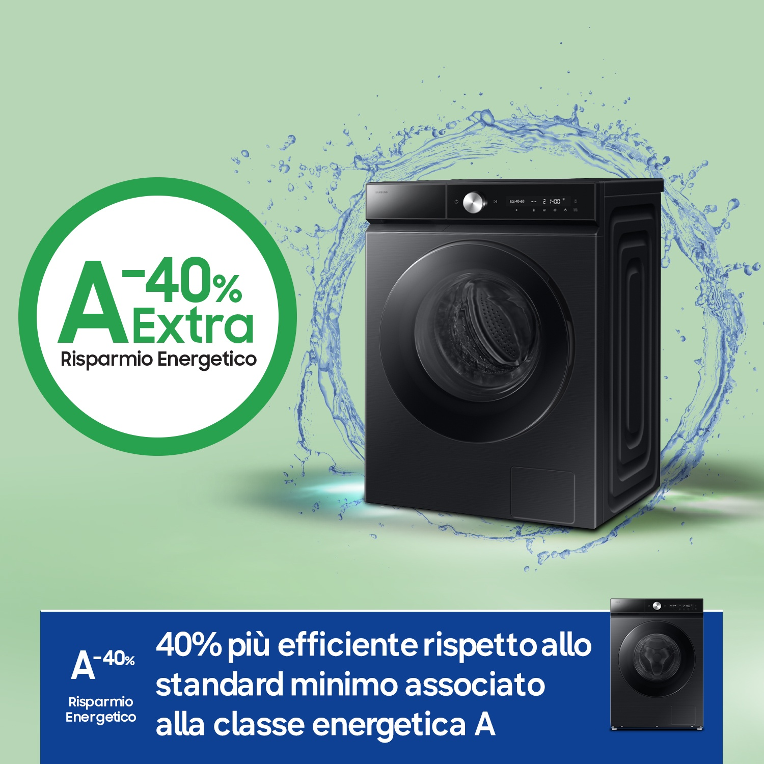 Lavatrice nera con etichetta energetica A-40% e schizzi d'acqua.