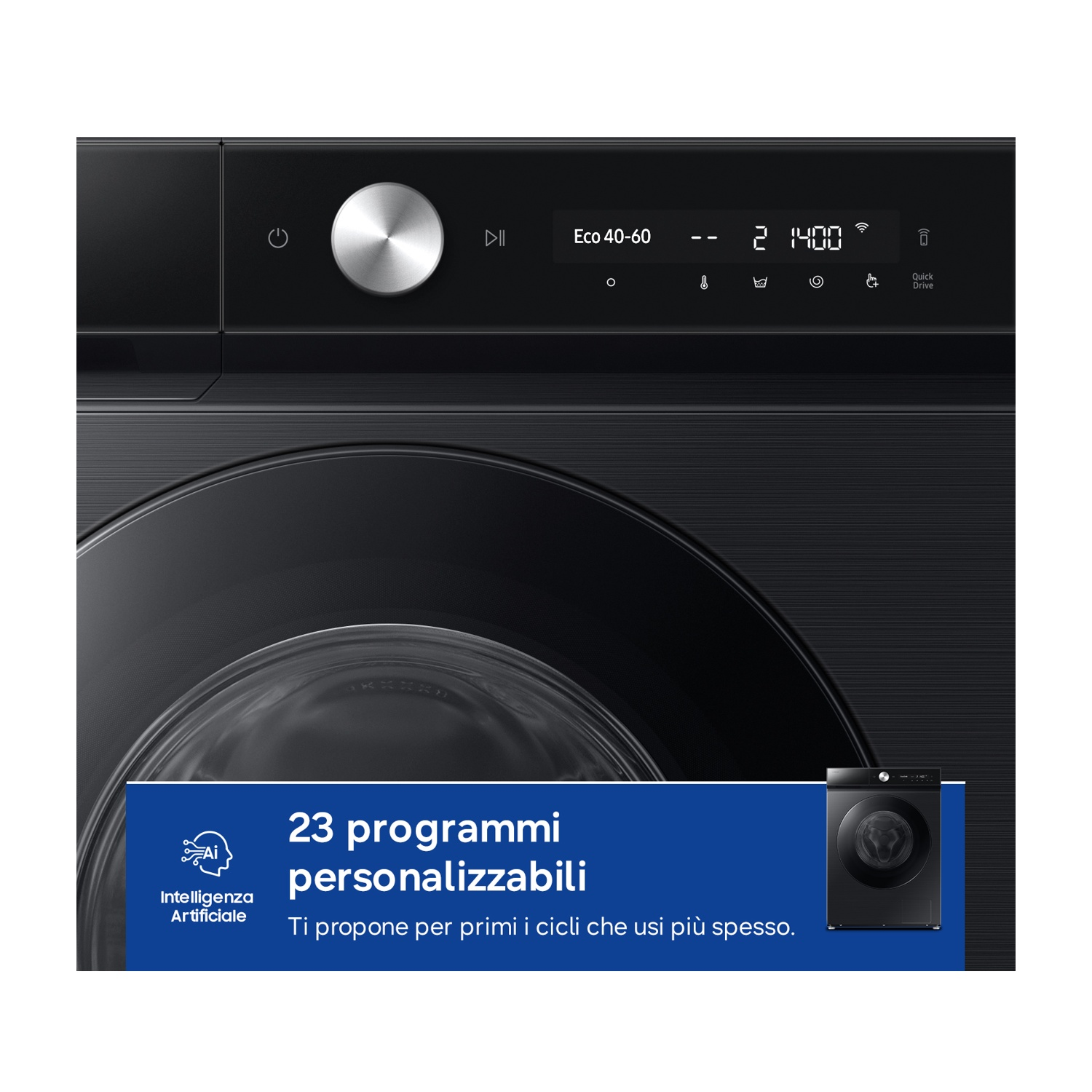 Lavatrice moderna con display digitale e funzione AI.