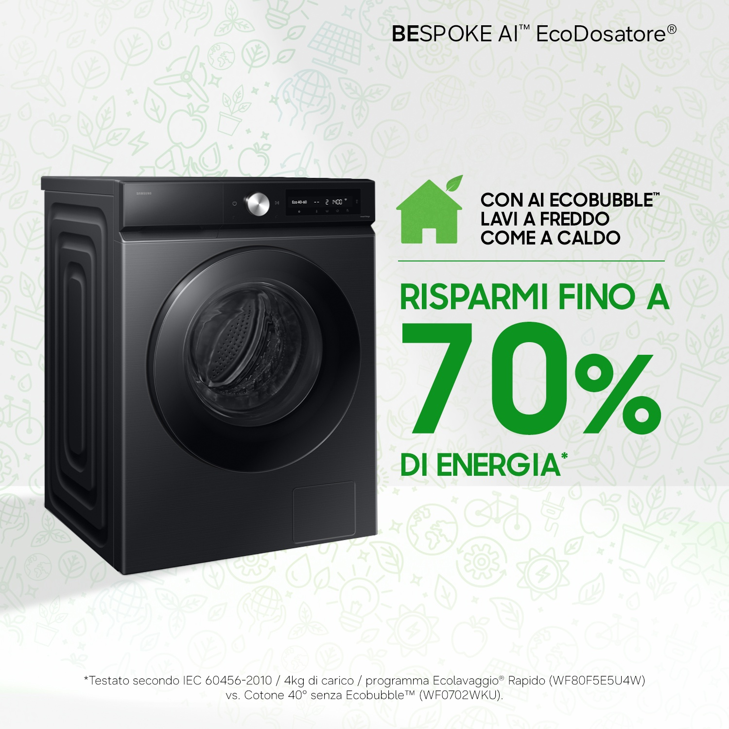 Lavatrice nera con testo sul risparmio energetico e EcoBubble.