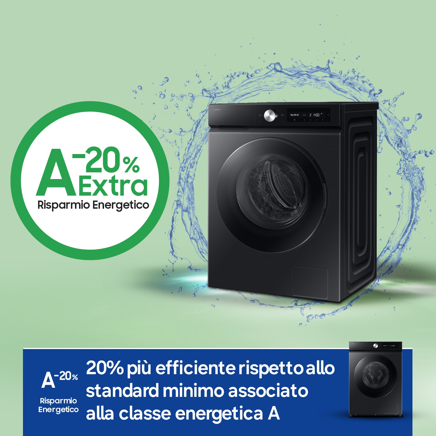 Lavatrice nera con etichetta A-20% di efficienza energetica e splash d'acqua.