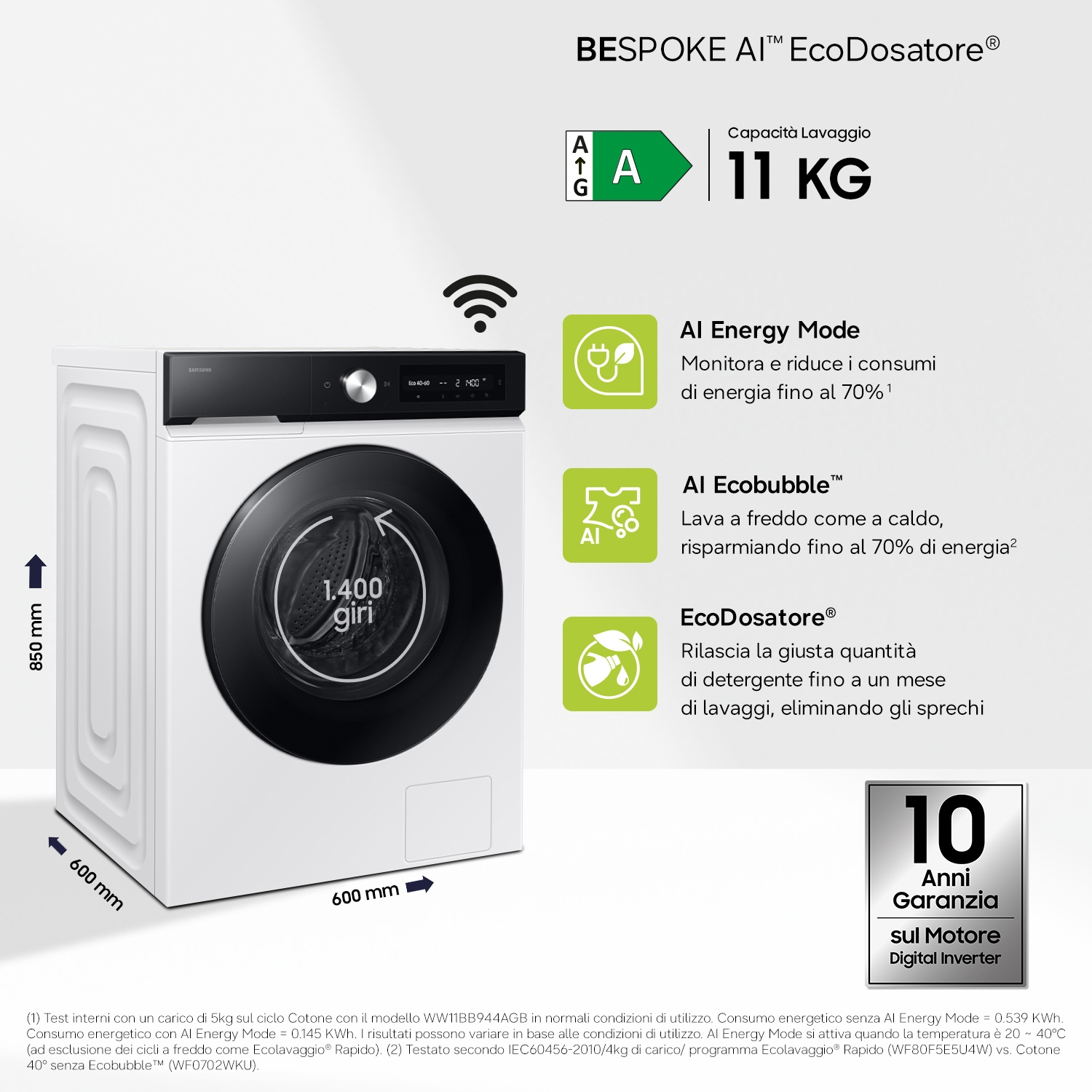 Lavatrice Samsung con AI Energy Mode, capacità 11kg, altezza 850mm.