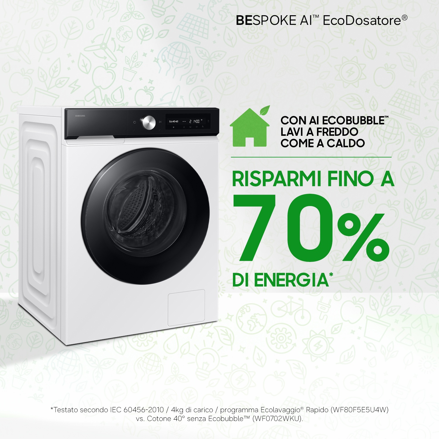 Lavatrice Samsung bianca con pannello comandi e display neri, risparmio energetico del 70%.