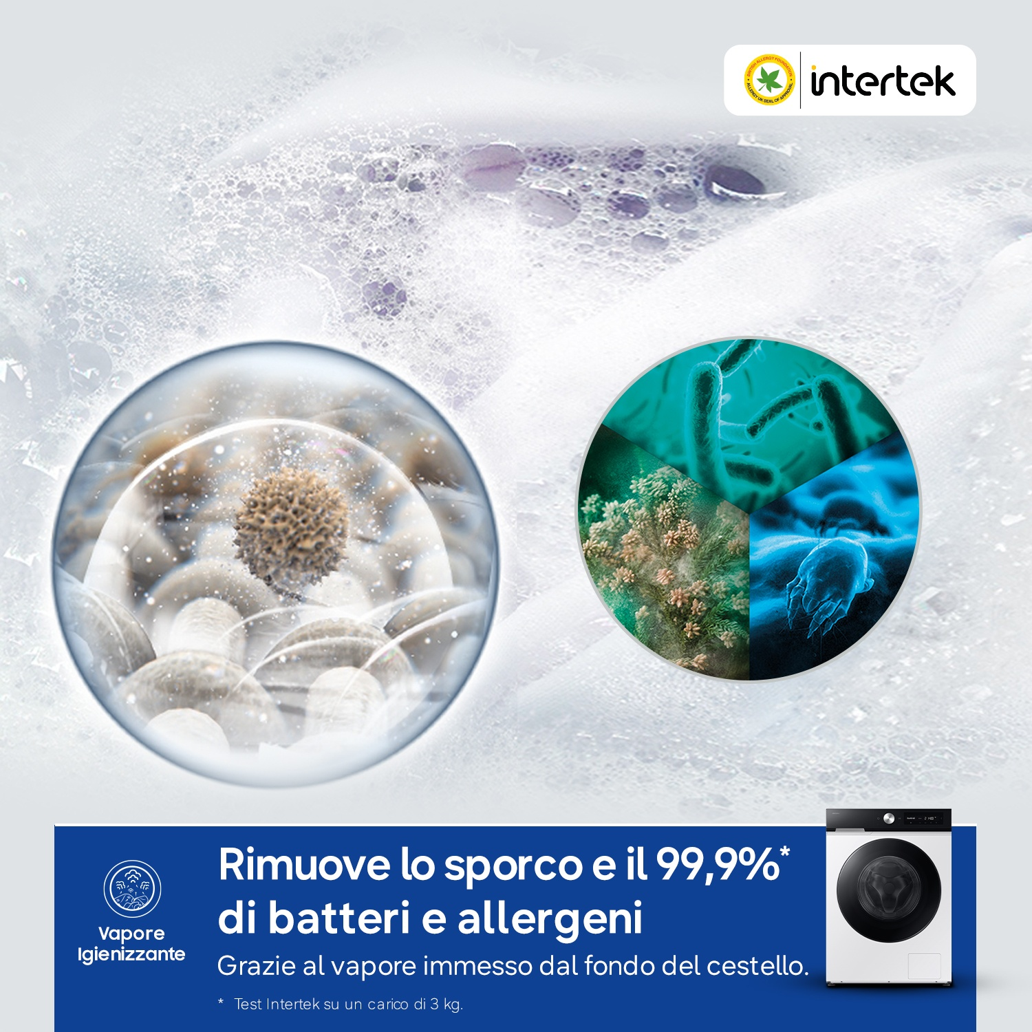 Lavatrice con funzione vapore rimuove il 99,9% di batteri e allergeni.
