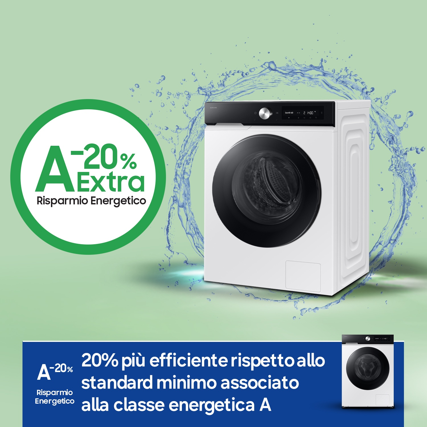 Una lavatrice bianca con cerchio verde che indica un risparmio energetico extra del 20%.