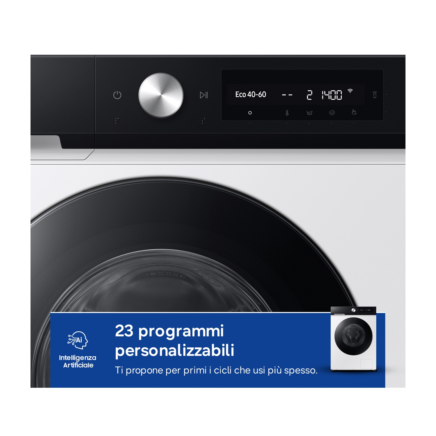 Lavatrice moderna con display digitale e IA per programmi personalizzati.