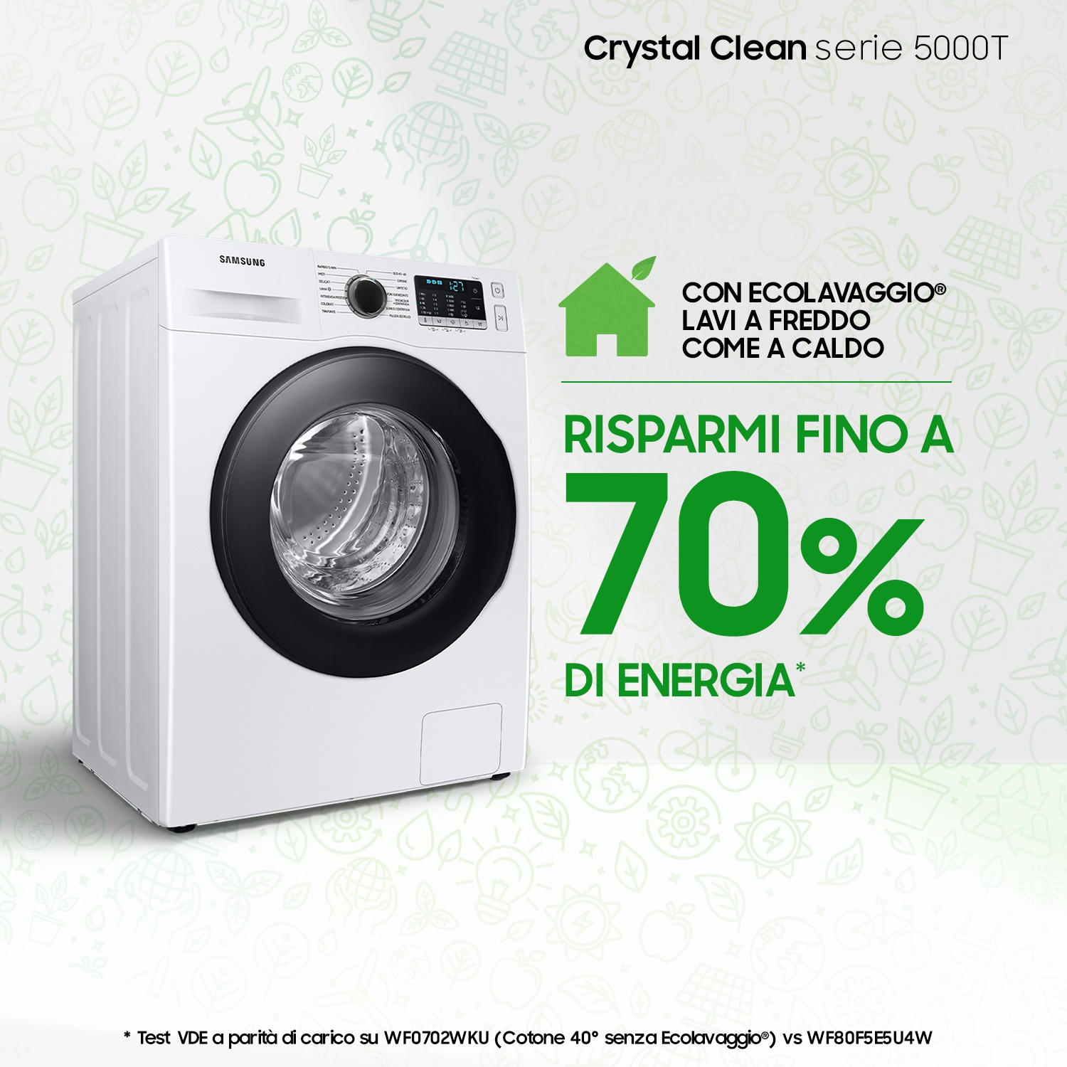 Una lavatrice Samsung bianca pubblicizzata, risparmio energetico del 70%.