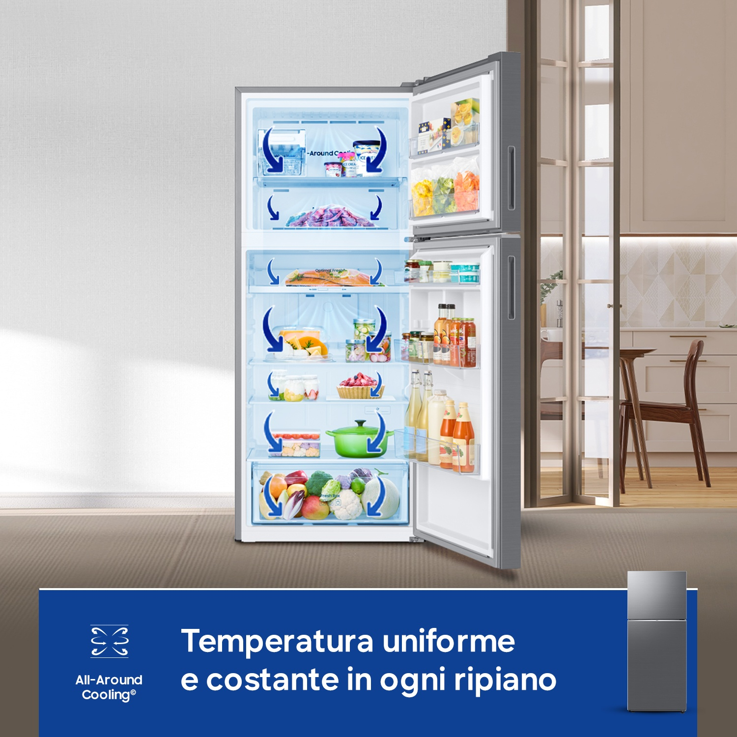 Un frigorifero aperto pieno di cibo e indicatori di raffreddamento.