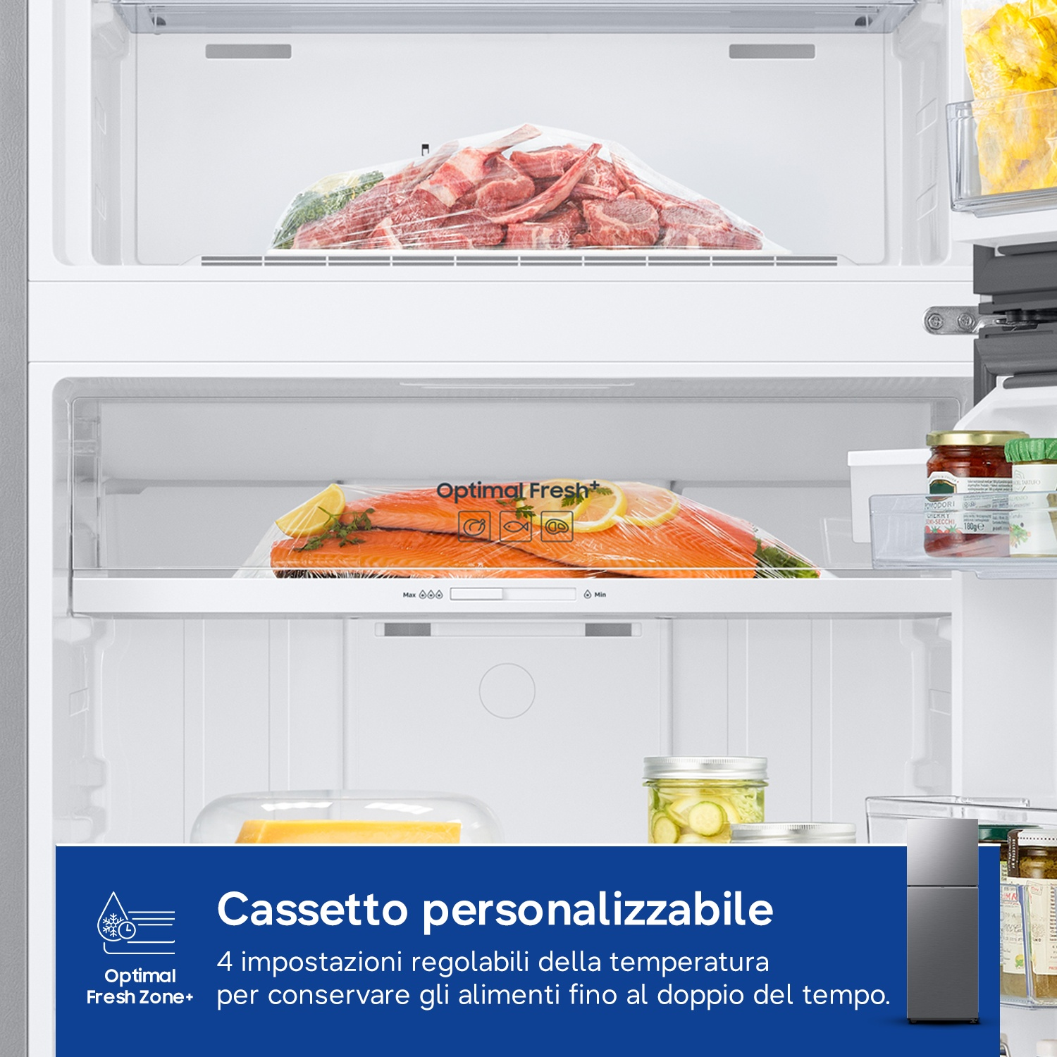 Interno frigo con carne cruda, salmone e barattoli. "Optimal Fresh Zone+"