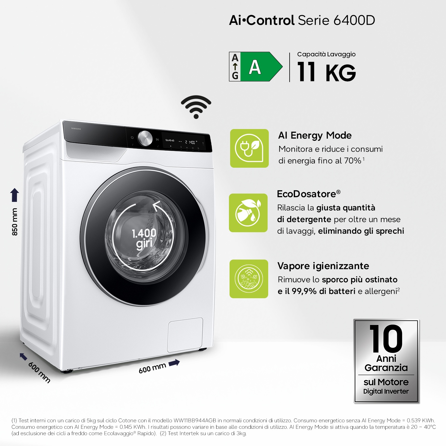 Lavatrice Samsung bianca, 11kg, classe energetica A, con display digitale e funzioni.
