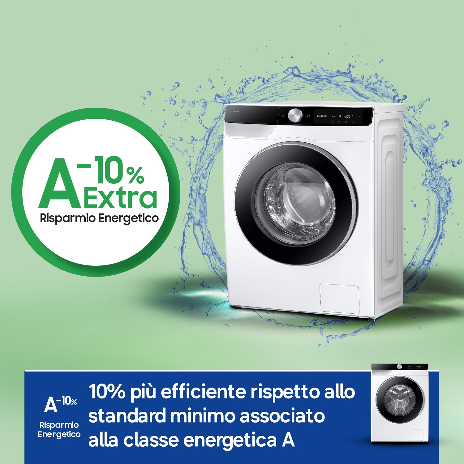 Lavatrice bianca con etichetta A-10% di efficienza energetica. Schizzi d'acqua.