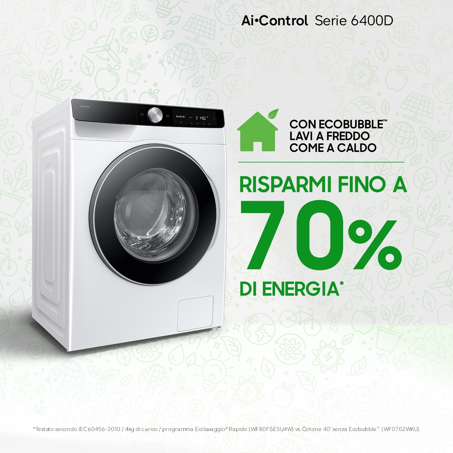 Lavatrice Samsung bianca con display digitale. Risparmia il 70% di energia.