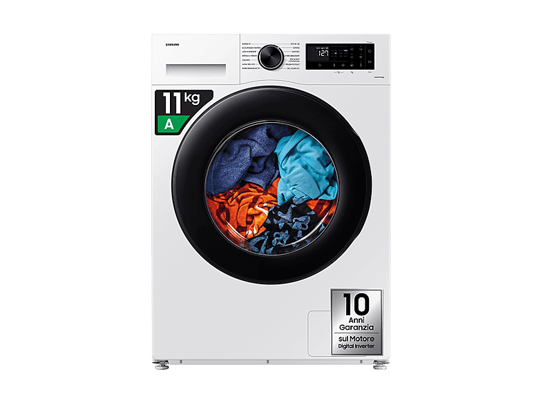 SAMSUNG WW11DG5B25AEET LAVATRICE, Caricamento frontale, 11 kg, 14 programmi, Profondità 60 cm, Giri 1400 rpm, Bianco, livello rumorosità centrifuga 72 dB(A), Classe A