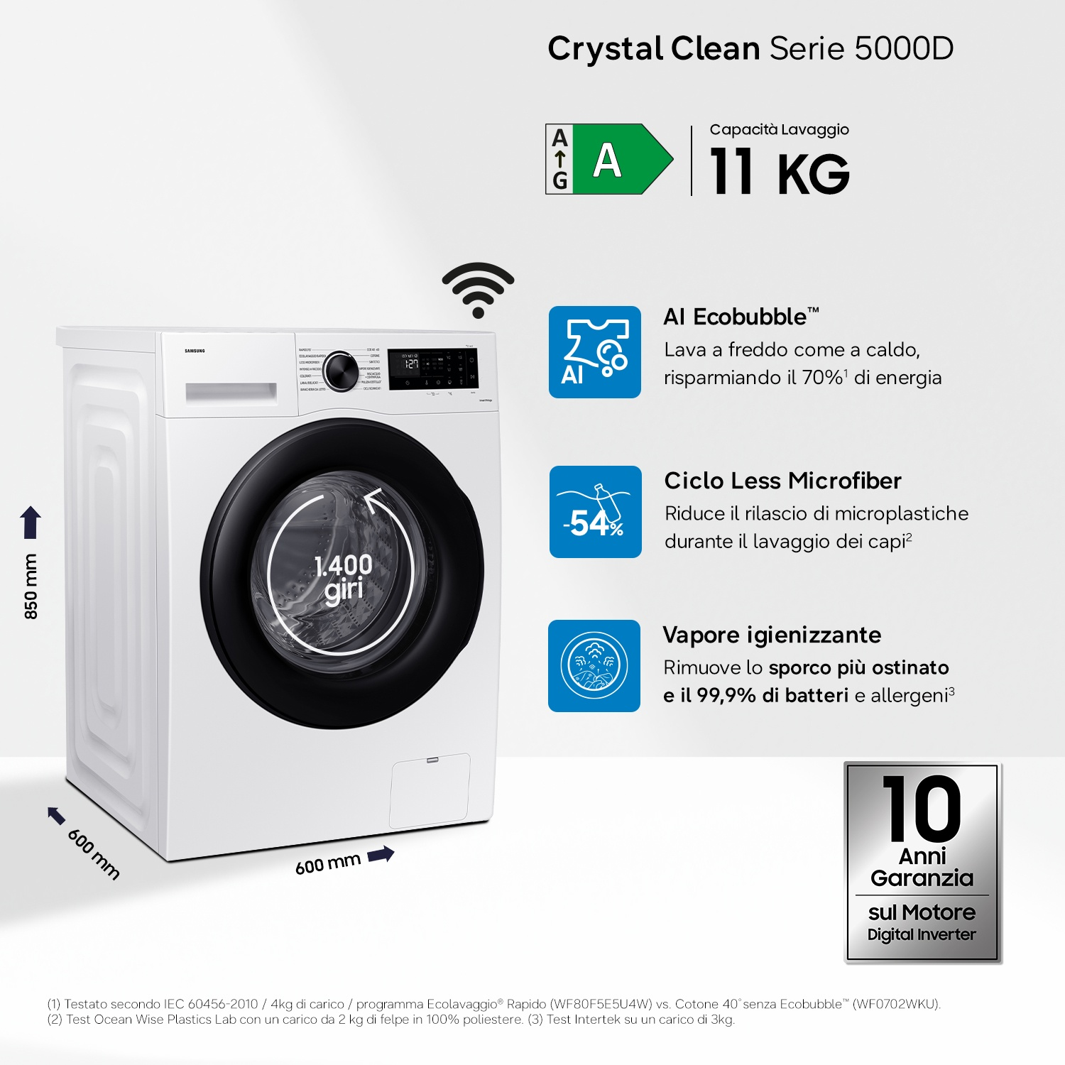 Lavatrice bianca 11kg, classe energetica A, 1400 giri.