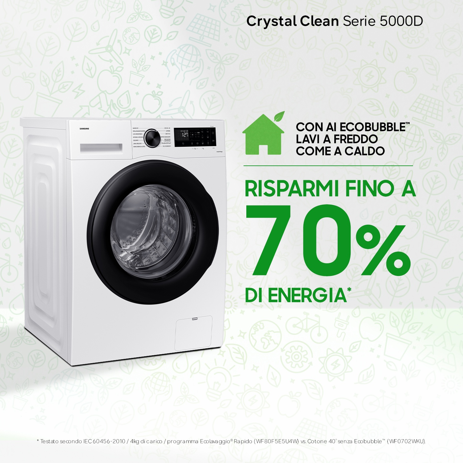Lavatrice Samsung bianca con oblò nero. Grafiche per il risparmio energetico.