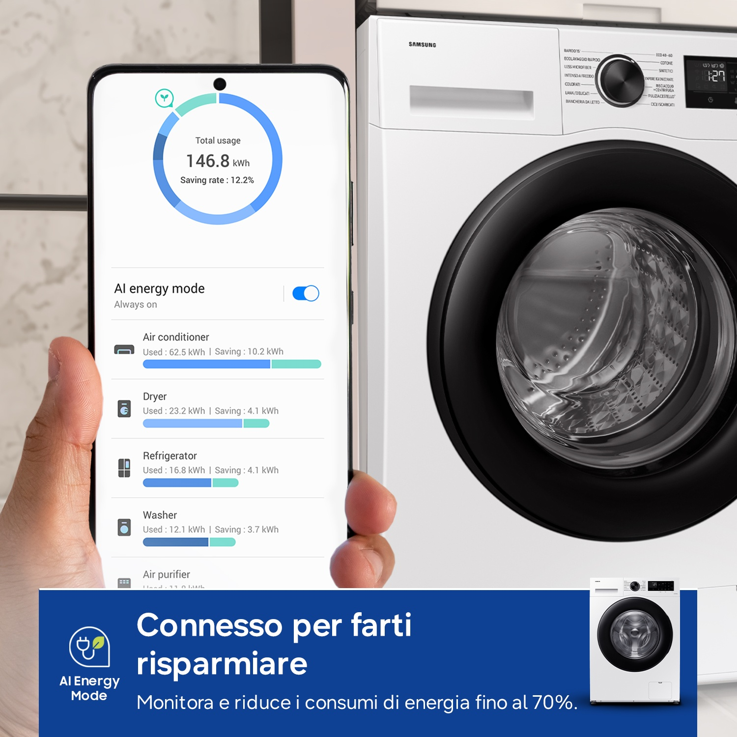 Uno smartphone mostra dati di consumo energetico accanto a una lavatrice.