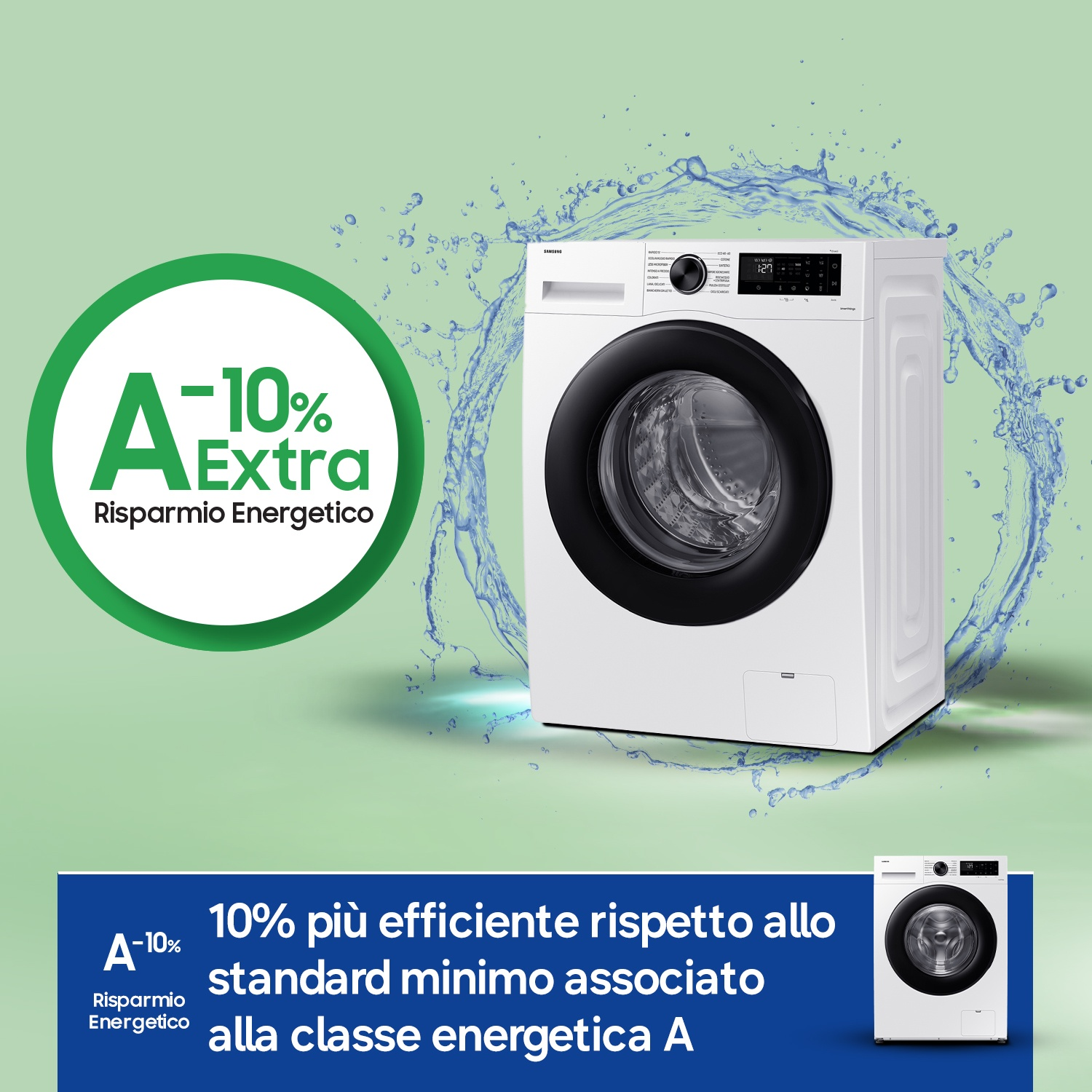 Lavatrice bianca con schizzi d'acqua e etichetta energetica A-10%.