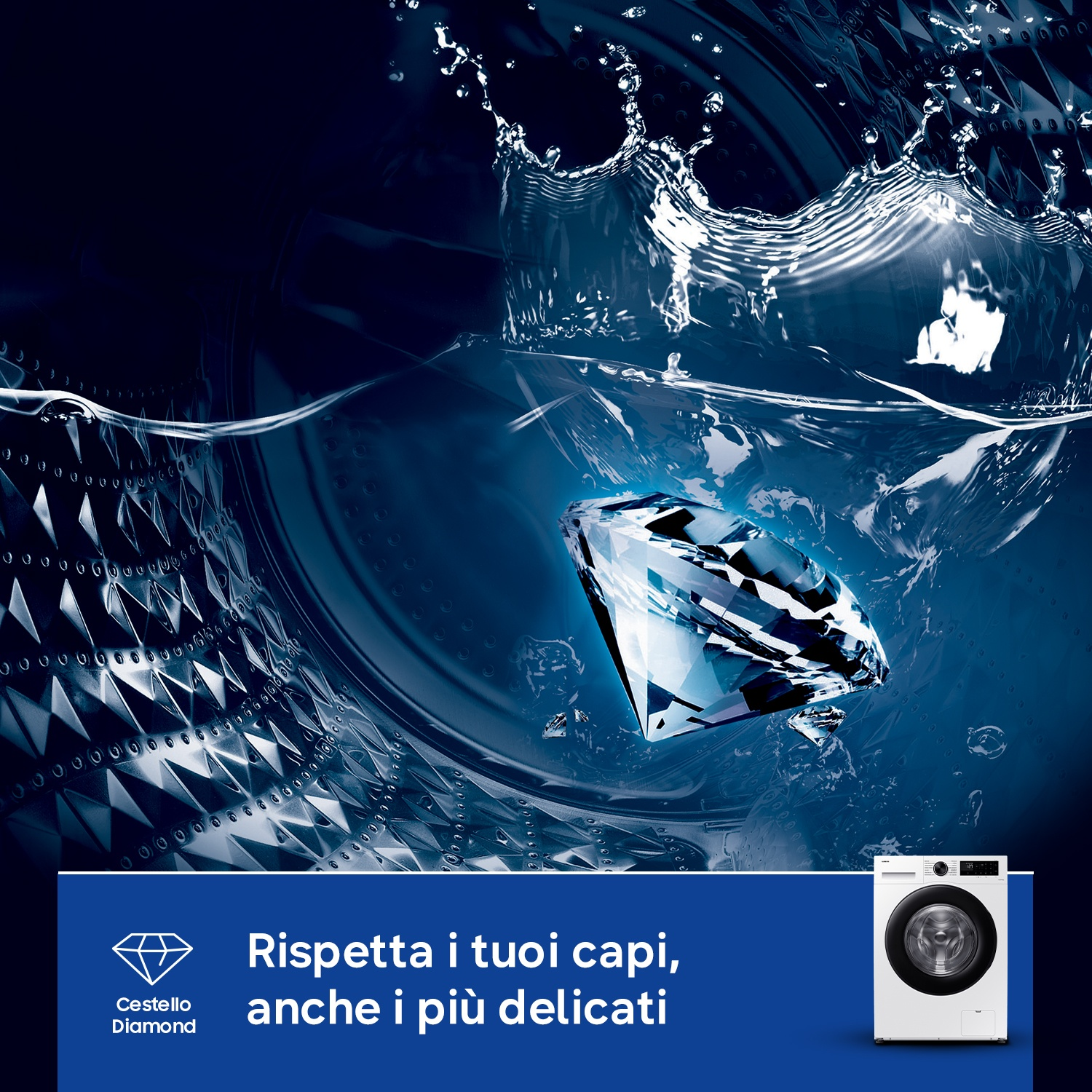 Un diamante cade in acqua davanti a una lavatrice. Dominano i toni blu.