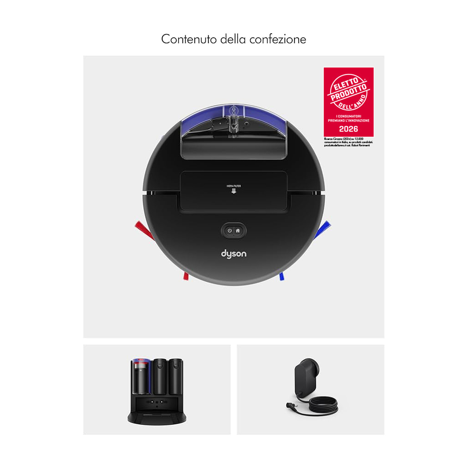 Un robot aspirapolvere Dyson nero con spazzole blu e rosse, indicatore filtro HEPA e luci di carica.